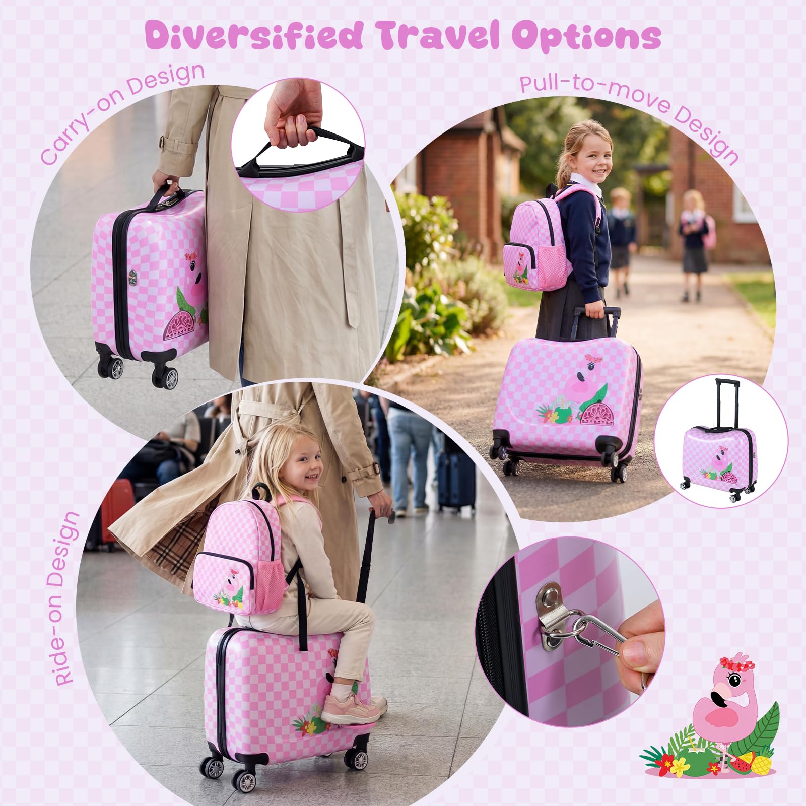 LIFEZEAL 18" Valigia Cabina Bambino con ruote con 12" Zaino Valigia da Inforcamento per Bambini con Corda per Tirare, Valigia da Viaggio Portatile con Motivi Animali Carini per Viaggio (Rosa Chiaro)
