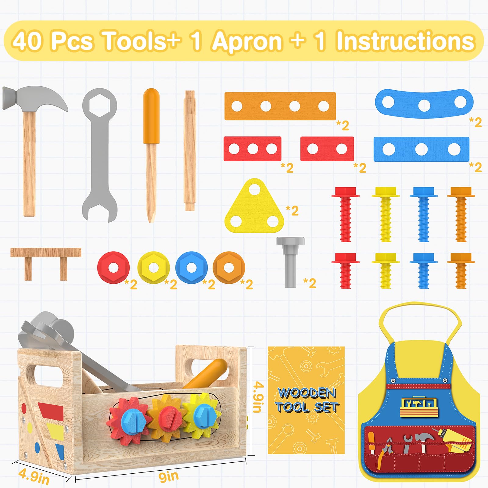 Juego de herramientas para niños con delantal, juguetes Montessori para niños de 2 años, banco de herramientas de madera para niños pequeños, juguete educativo de construcción STEM para edades de 2 a 2