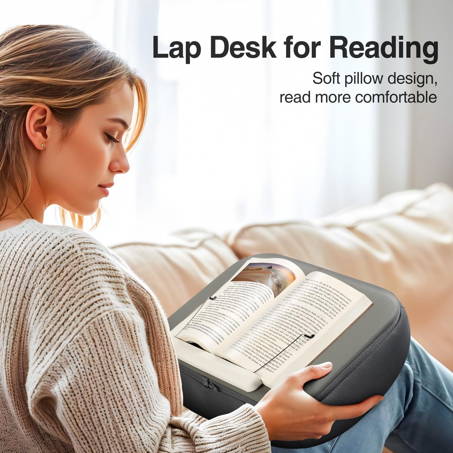 elitehood Soporte grande para libros, cómodo soporte para libros con almohadilla de almohada para leer manos libres en la cama, soporte para regazo para libros de cama, minimiza la tensión del cuello