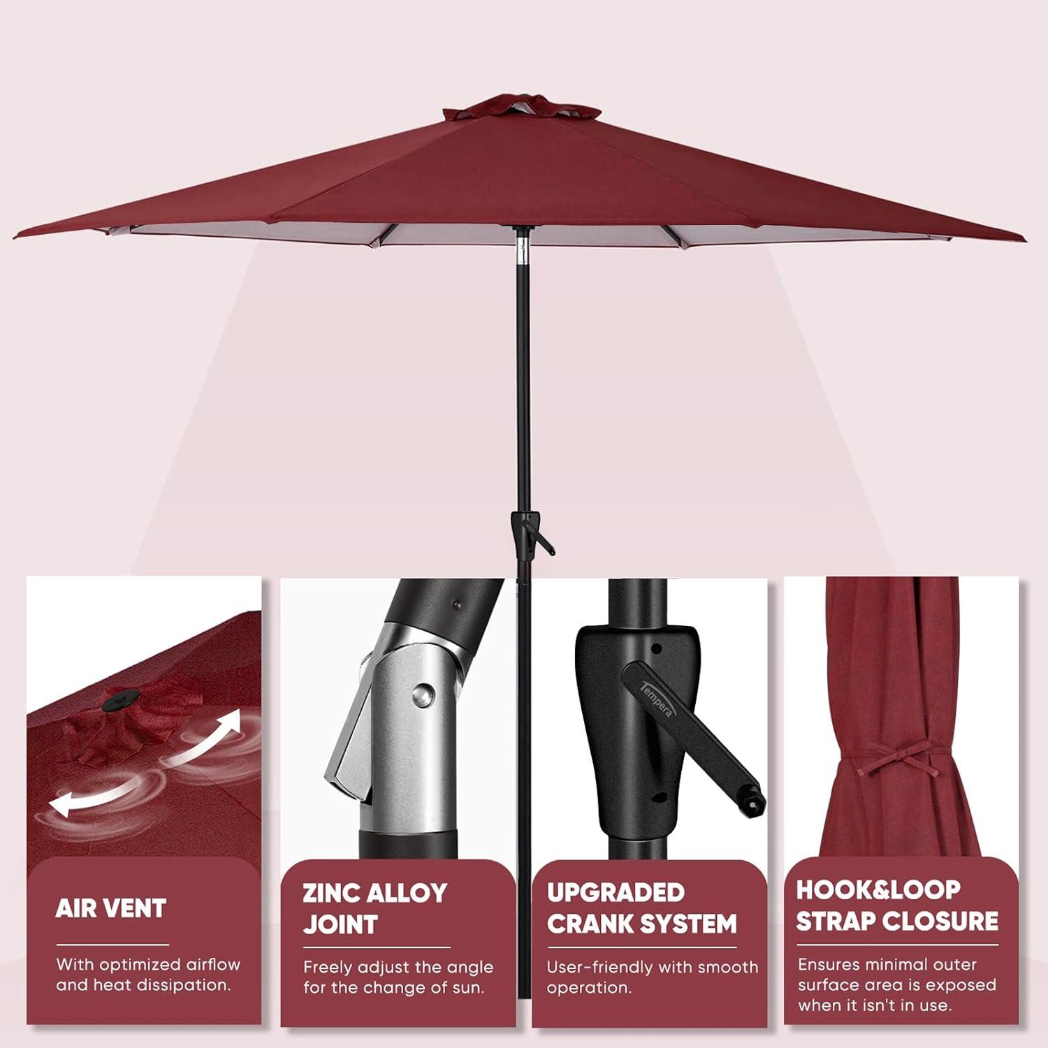 Tempera Patio Market Outdoor Table Umbrella with Auto Tilt and Crank, Large Sun Umbrella with Sturdy Pole & Fade Resistant Canopy, Easy to Set