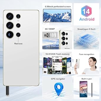 I25Ultra Unlocked Smartphone,16+512GB Unlocked Phone,6.9 HD+ Display,Built in Pen,Snapdragon 8 Gen3 7000mAh Dual Speakers 5G/Face ID/Fingerprint Lock/Dual SIM/GPS (White)