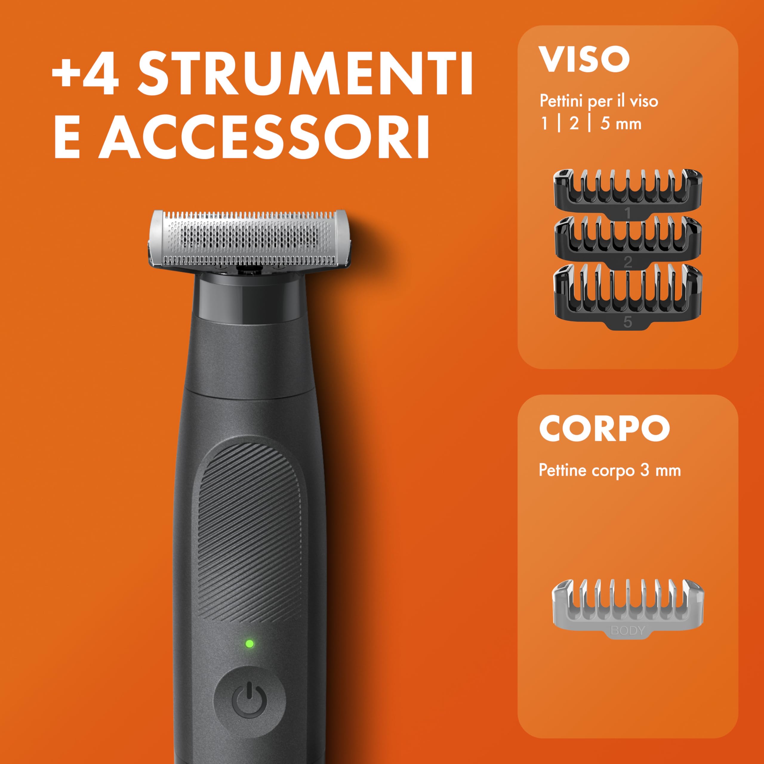 Gillette Fusion One Rasoio Elettrico Uomo per Barba e Corpo, 3 Pettini Barba (1, 2, 5 Mm) e 1 Pettine Corpo, Testina Oscillante, Impermeabile, Senza Fili, Autonomia di 45 Min, Tecnologia Braun