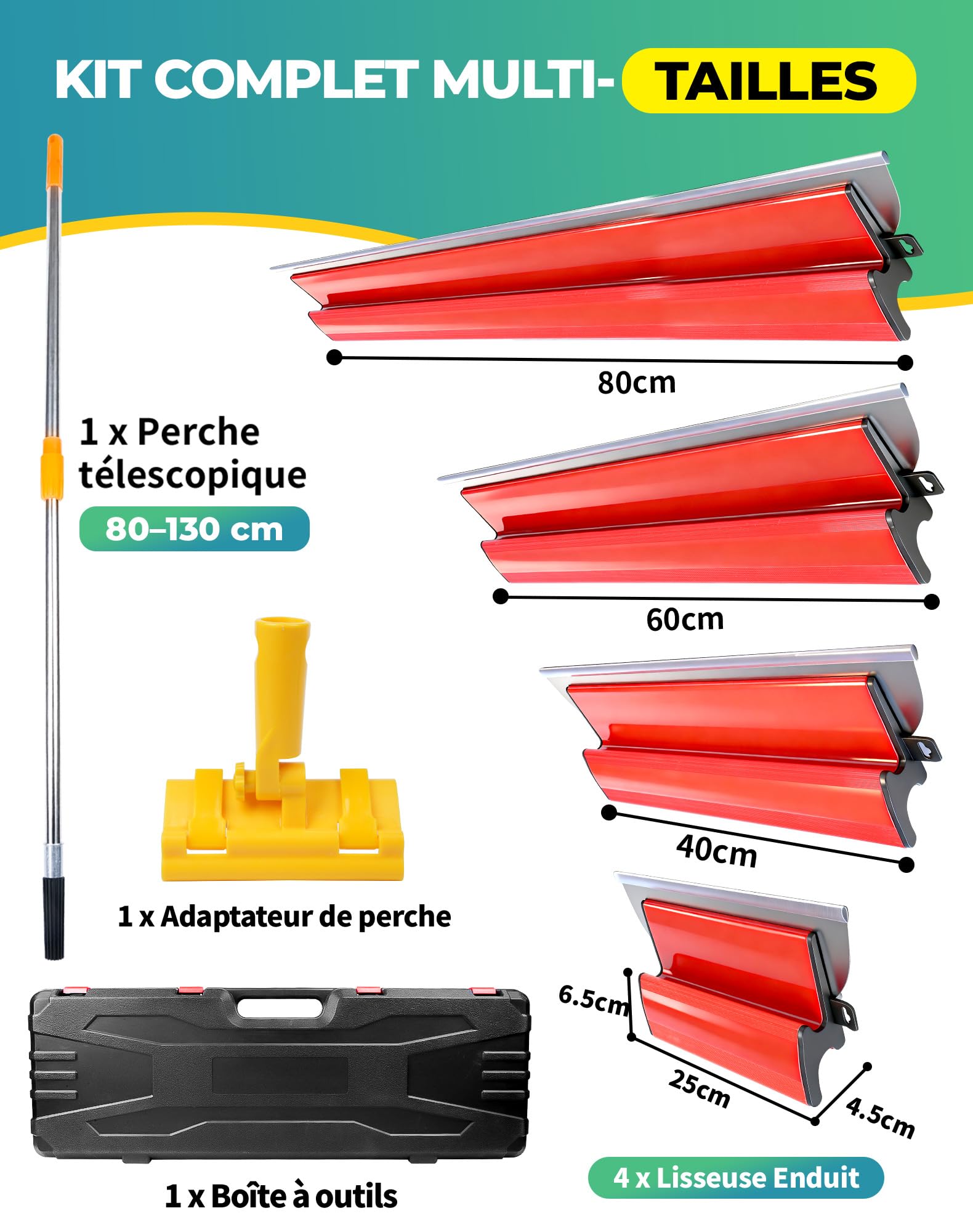 4x Spatule Enduit Lissage Set lisseuse enduit 80cm 60cm 40cm 25cm Couteau a Enduire Lame a Lisser Enduit avec Perche Télescopique 80-130cm Inox Outil Lissage