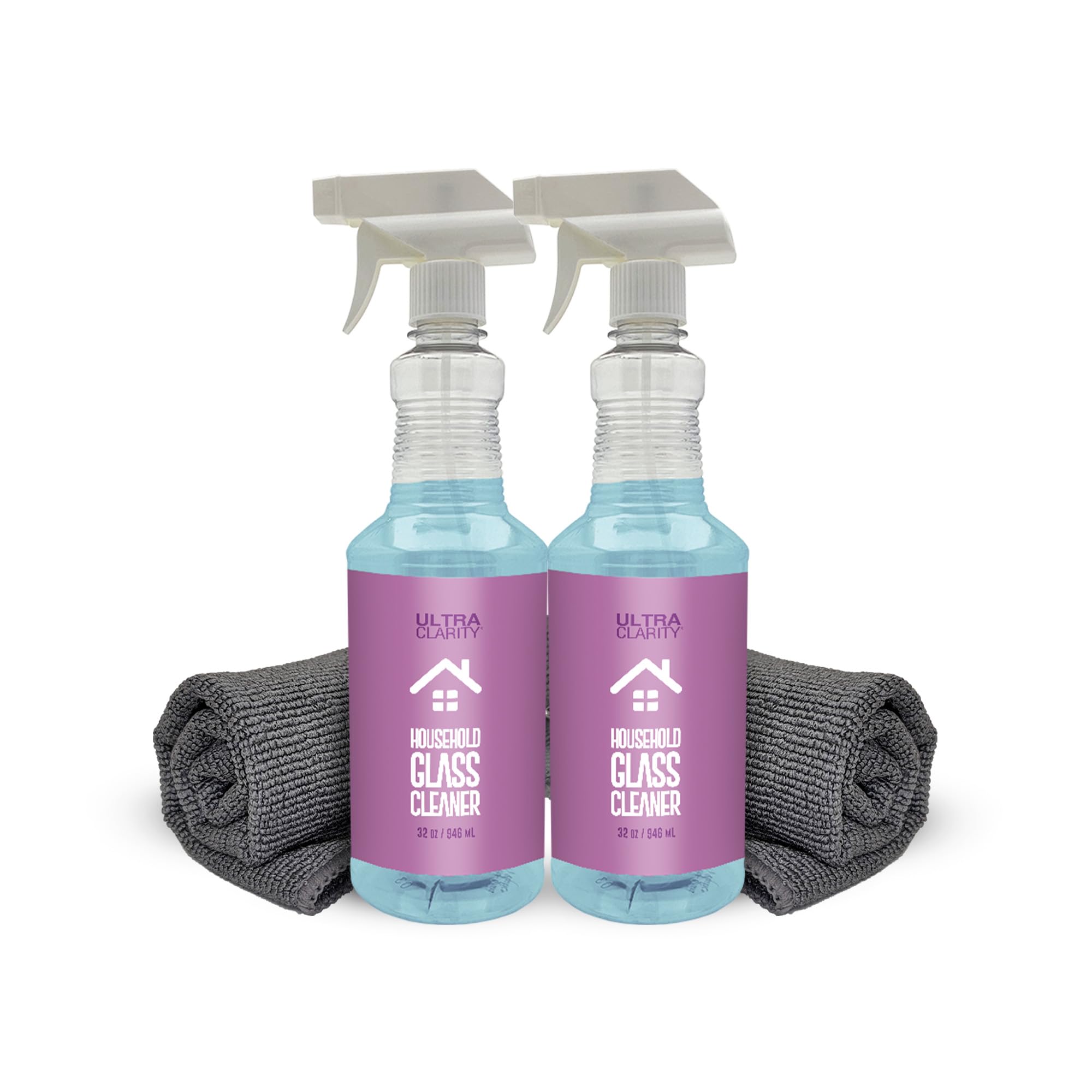 Ultra Clarity Powered by NANO MAGIC | Home Glass Window Cleaner 2-Pack | 2 32 oz Spray & 2 Large Premium Microfiber Cloths | Optical-grade Safe on Glass, Mirrors, TV Monitors Streak & Haze Free