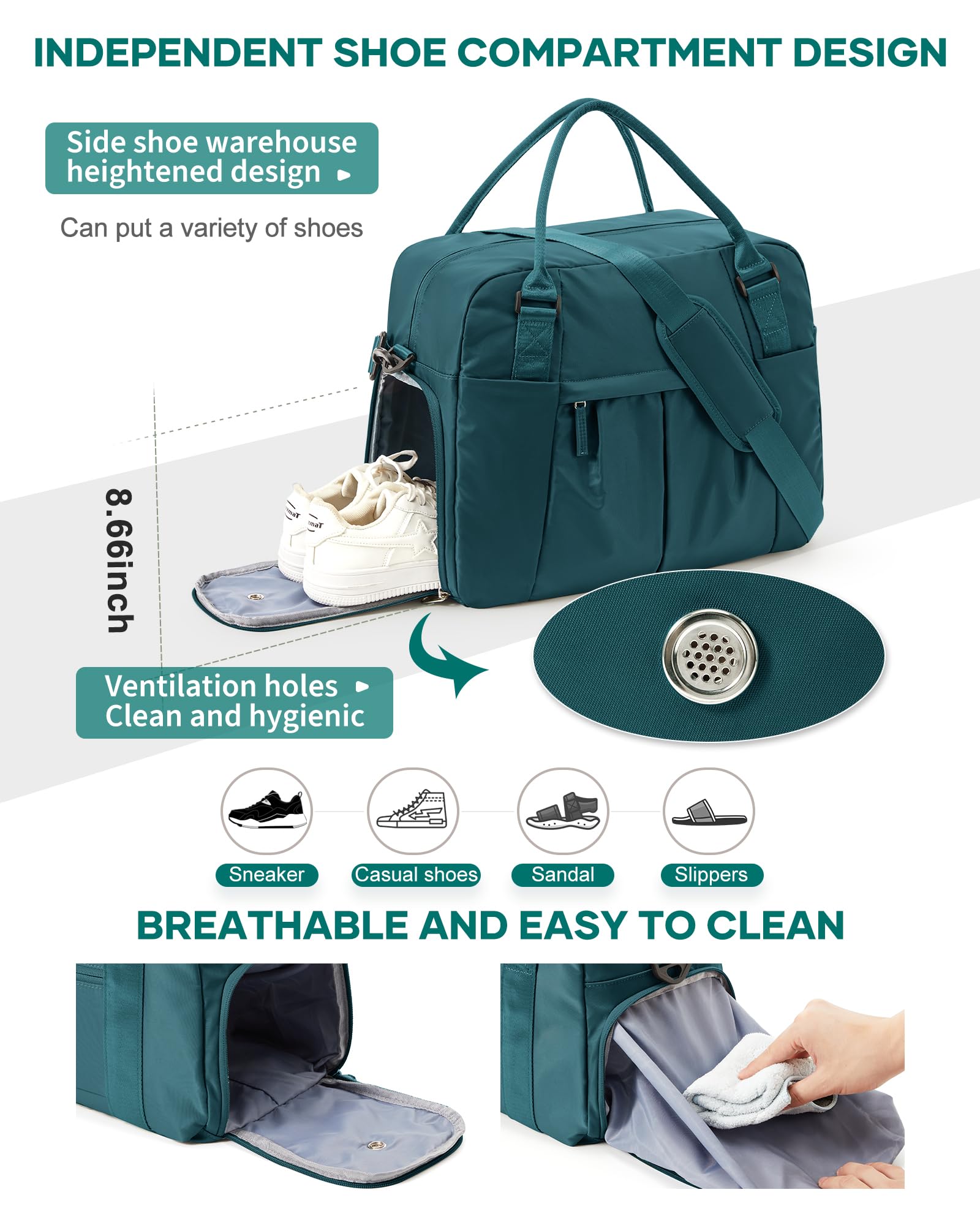 Borsone da Viaggio Donna, 45x36x20 Easyjet Bagaglio a Mano Borsa da Viaggio con Scomparto per le Scarpe, Borsa Sportiva Borsone da Palestra Grande, Borsa da Weekend,Borsa per Ospedale,K4-Pavone blu