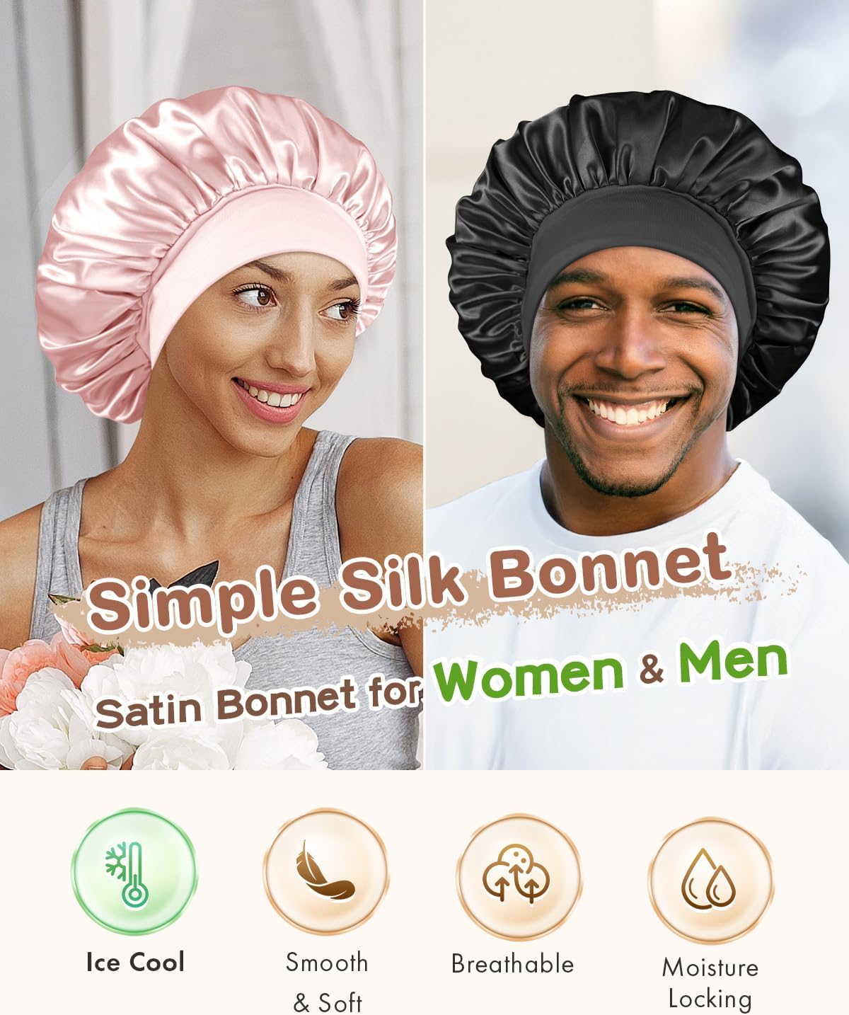 BONNET QUEEN Silk Bonnet for Sleeping Women Satin Bonnet Hair Wrap with Elastic Wide Band Sleep Cap for Curly Hair Night Cap