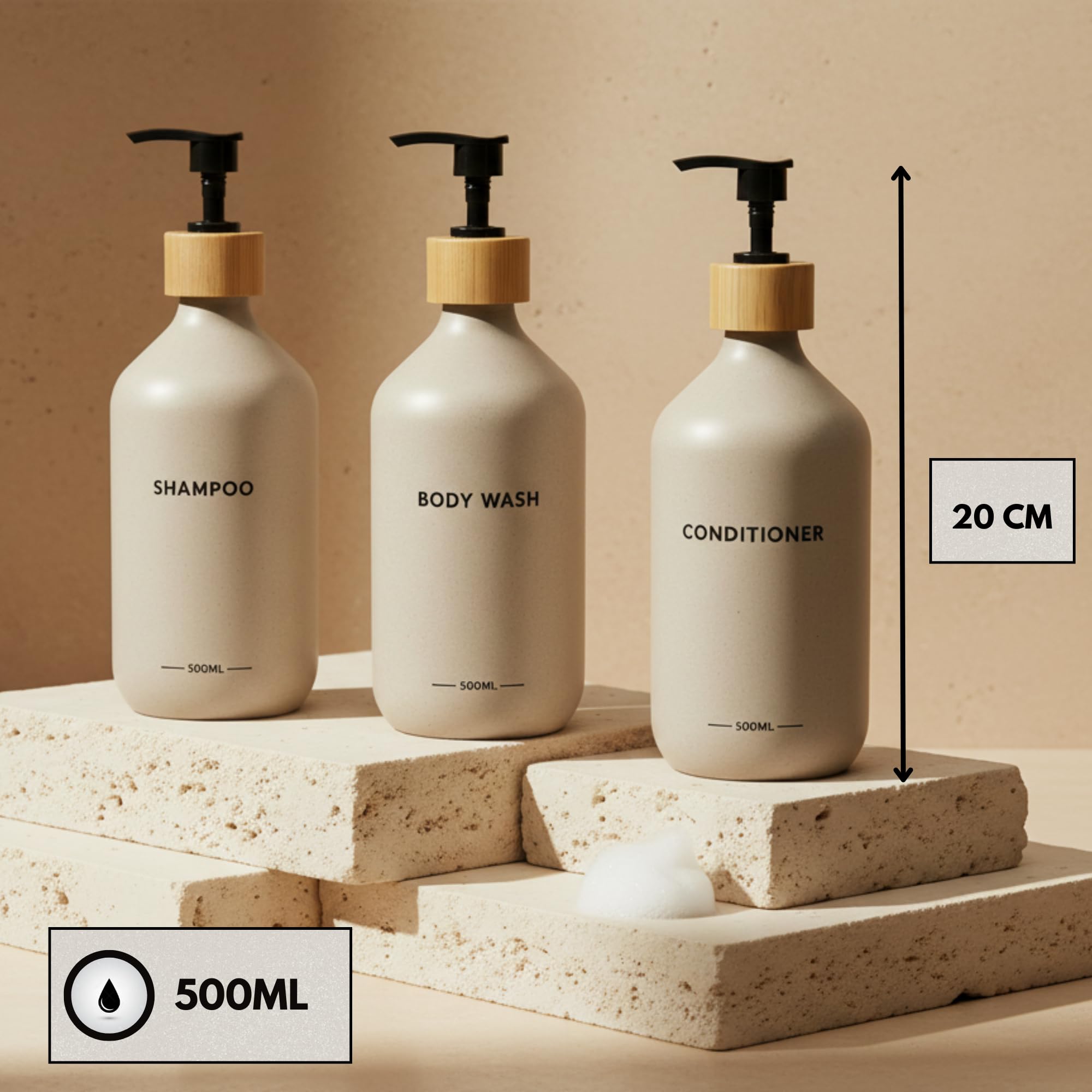 Dispenser di sapone da bagno, 500 ml, beige con dettagli in bambù, set di 3 flaconi per gel e shampoo balsamo, dispenser di sapone da bagno, elegante e funzionale per mantenere la doccia ordinata e