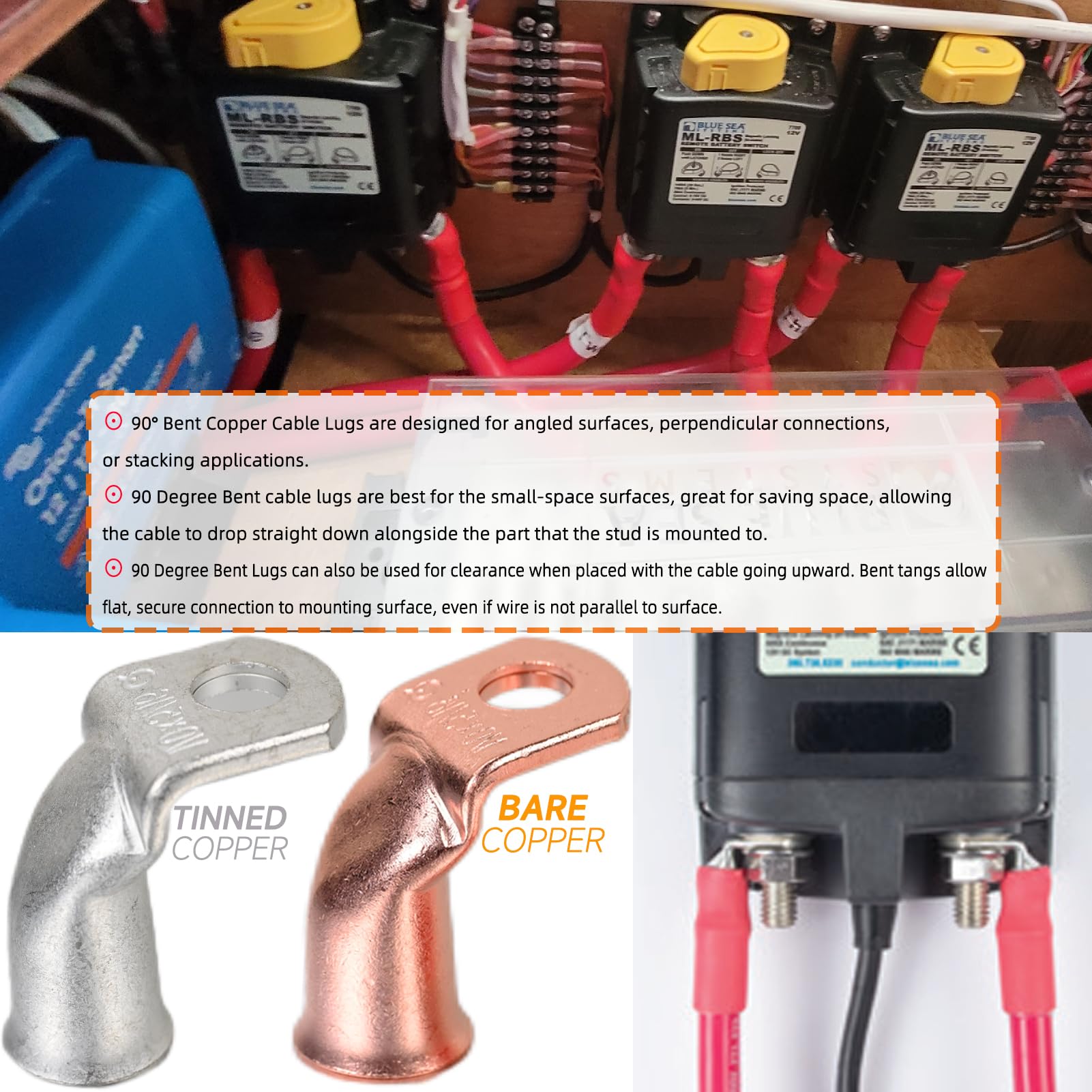 8 terminales de cable de cobre estañado 3/0 AWG-5/16, 90 grados, terminales de cable resistentes, terminales de anillo, terminales de calibre 000, extremos de cable de batería/conectores de terminal