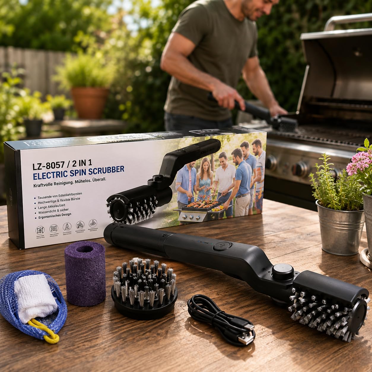 BBQBRUSH Spazzola Elettrica Rotante per Barbecue, Setole in Acciaio Inox, per Griglie e Piastre, con Angolo Regolabile e Testine a Cambio Rapido