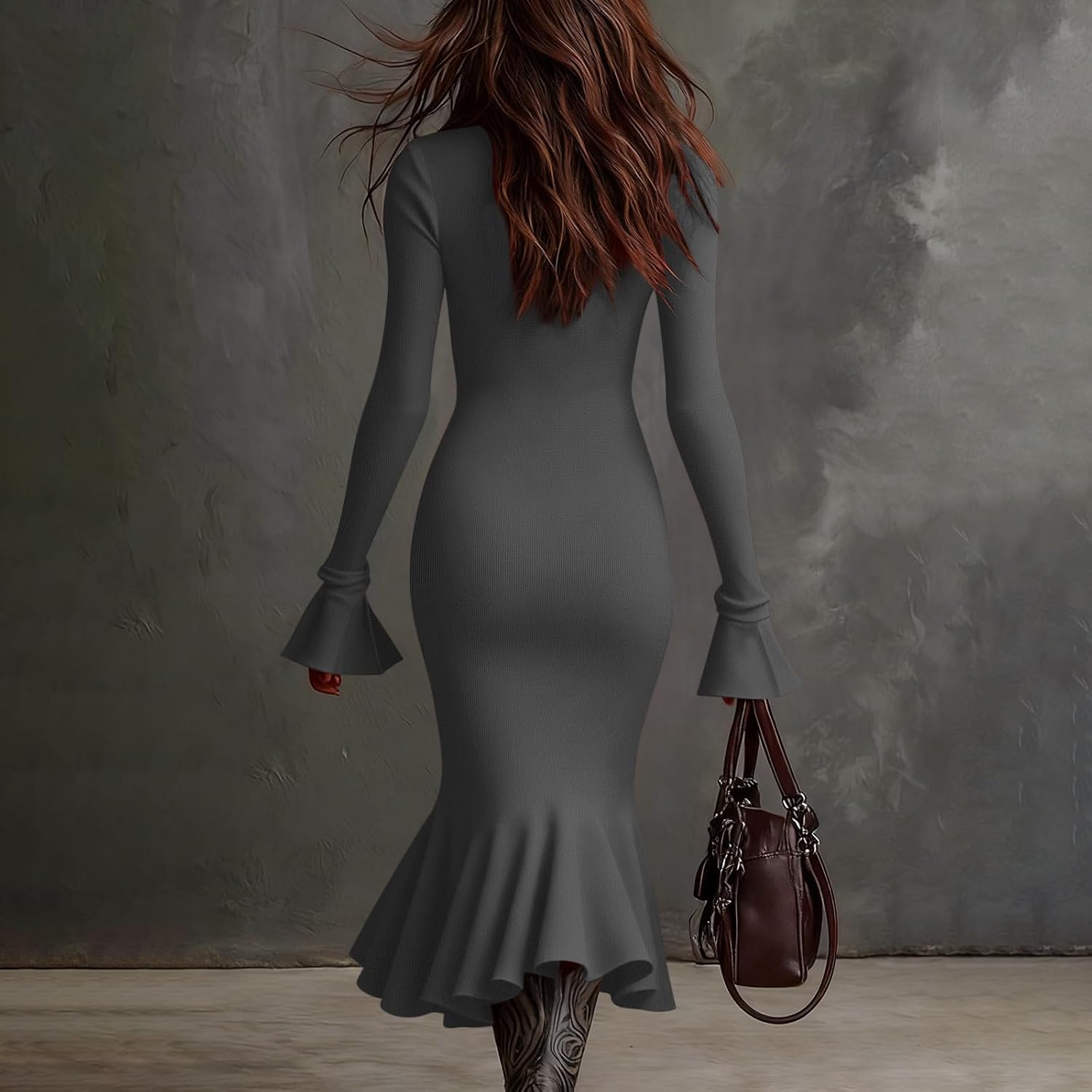 Long Sleeve Sweater Dress for Women Fashion Half Zipper V Neck Bodycon Knit Midi Fishtail Dresses