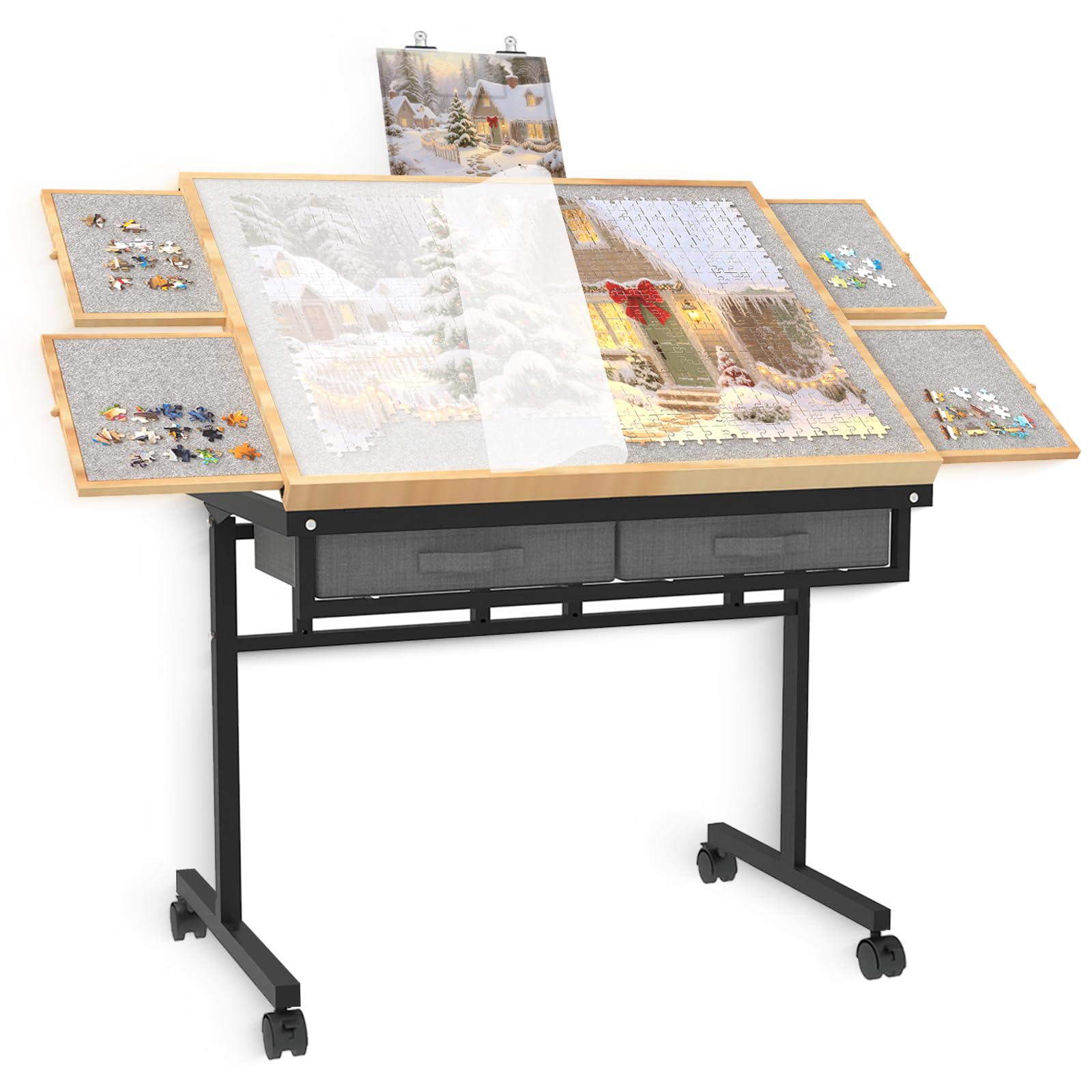Doerpuz Jigsaw Puzzle Table 1500 Pieces with Drawers, Tilting Puzzle Table with 4+2 Sorting Trays, Wooden Puzzle Tables with Cover, Wheels for All
