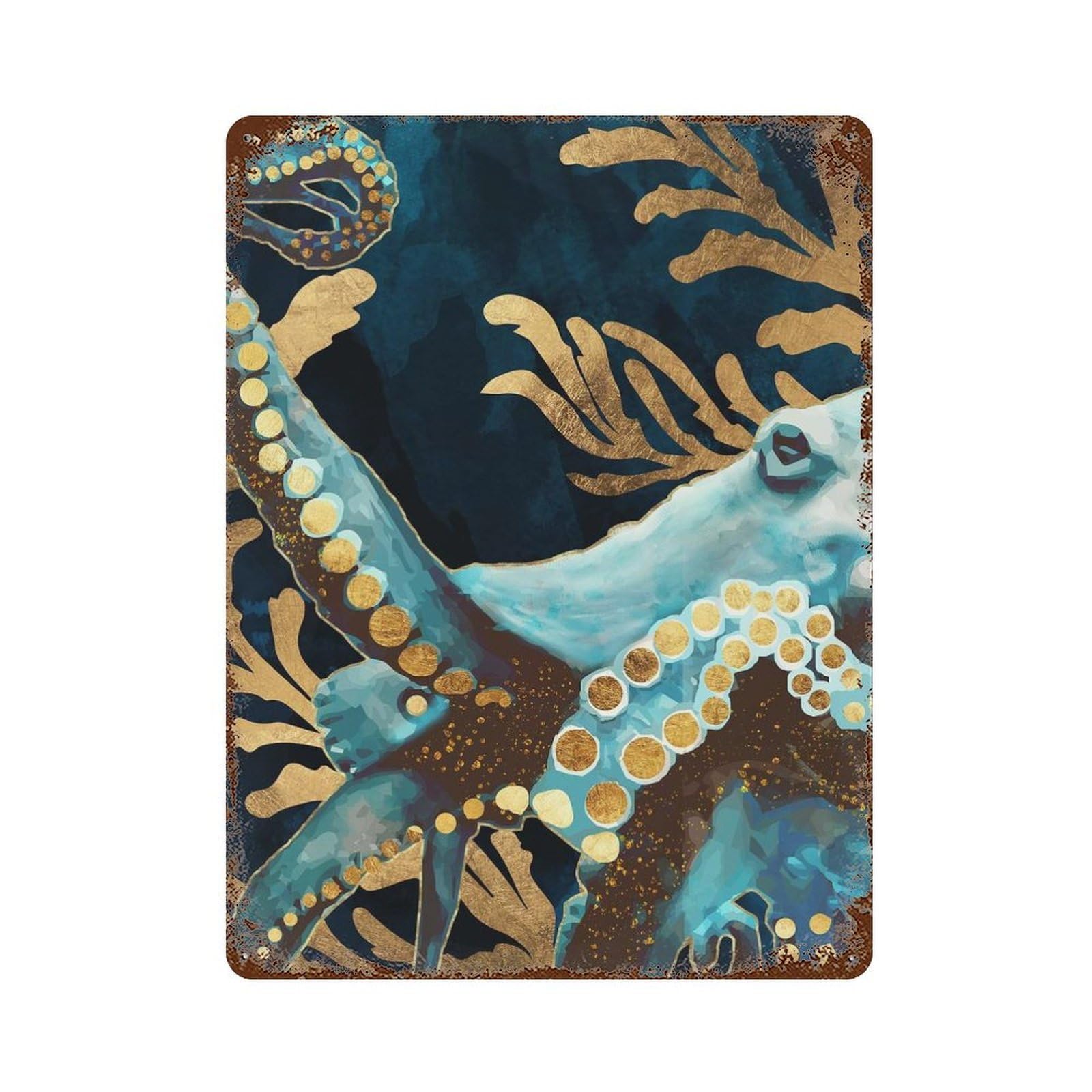 Rust Effect Indigo Octopus Rusty Metal Tin Sign 15.7"x11.8", Farmhouse Wall Decor for Cafe, Home Bar And Lounge Decor
