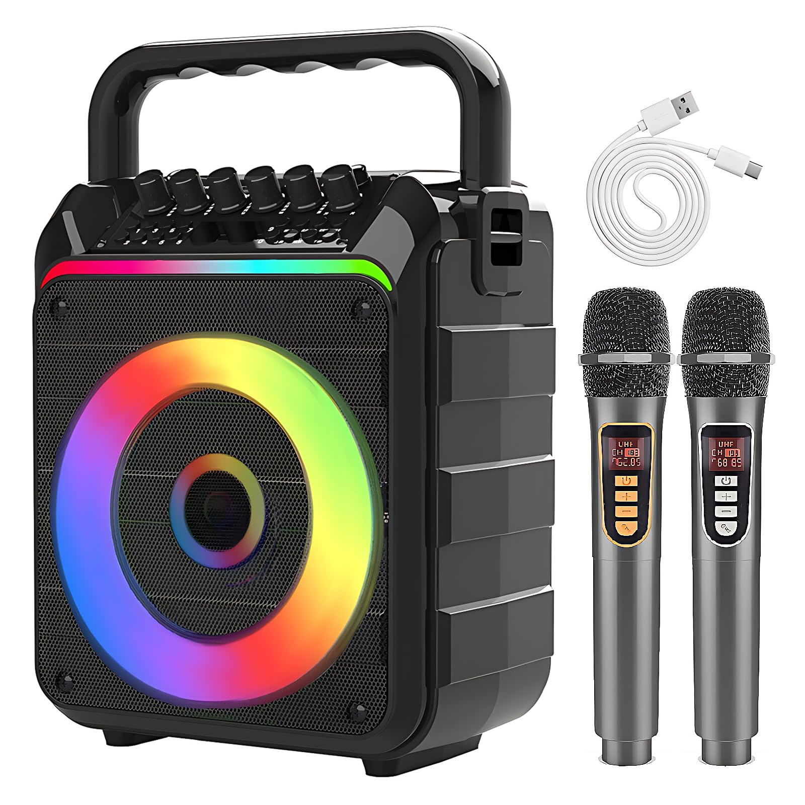 iFCOW Karaoke Machine with 2 Wireless Microphones, Portable Karaoke Microphone with PA System, Colorful LED Light, Supports REC/FM/AUX/USB/TF for Adults Kids