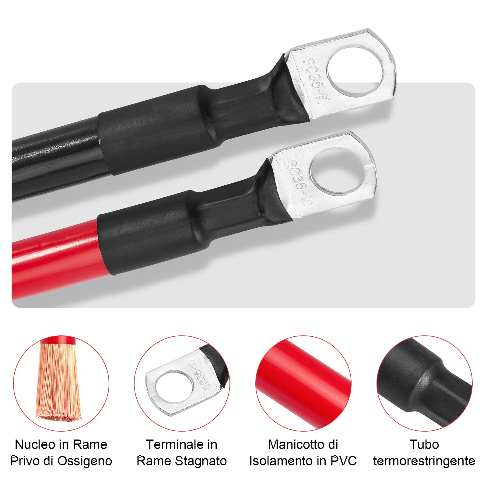 Cavi Batteria Auto 35mm2, Cavo Auto Batteria 2AWG 100cm, Filo di Rame Senza Ossigeno, Corrente Massima 150A, Tensione Nominale 450V, 35mm² Cavi Batteria Camper 12V 24V