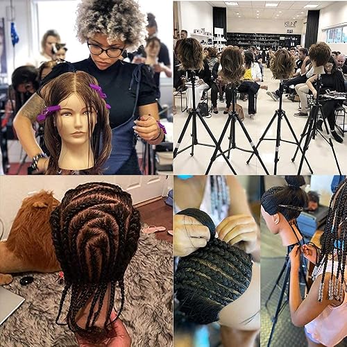 Miniatura 62 de Cabeza de entrenamiento de 14 pulgadas, muñeca cosmetológica de cabello real, para peinar, trenzar, rizar, enrollar y exhibir con soporte negro