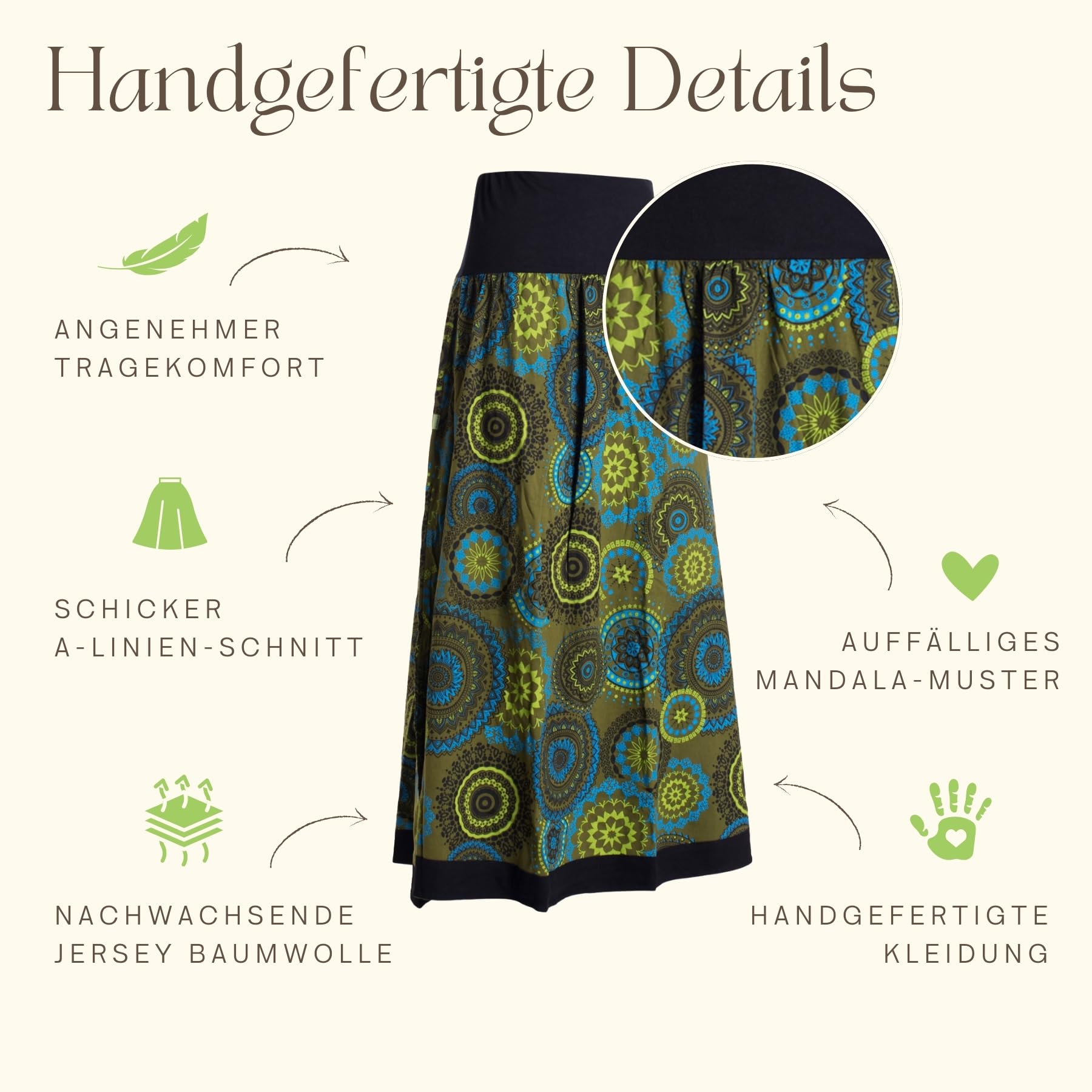 Vishes Langer Damen Herbstrock mit Mandalas I Handgefertigt aus 100% Baumwolle I Rock mit breitem Bund I Für warme & kalte Monate I Nachhaltige Alternative Bekleidung