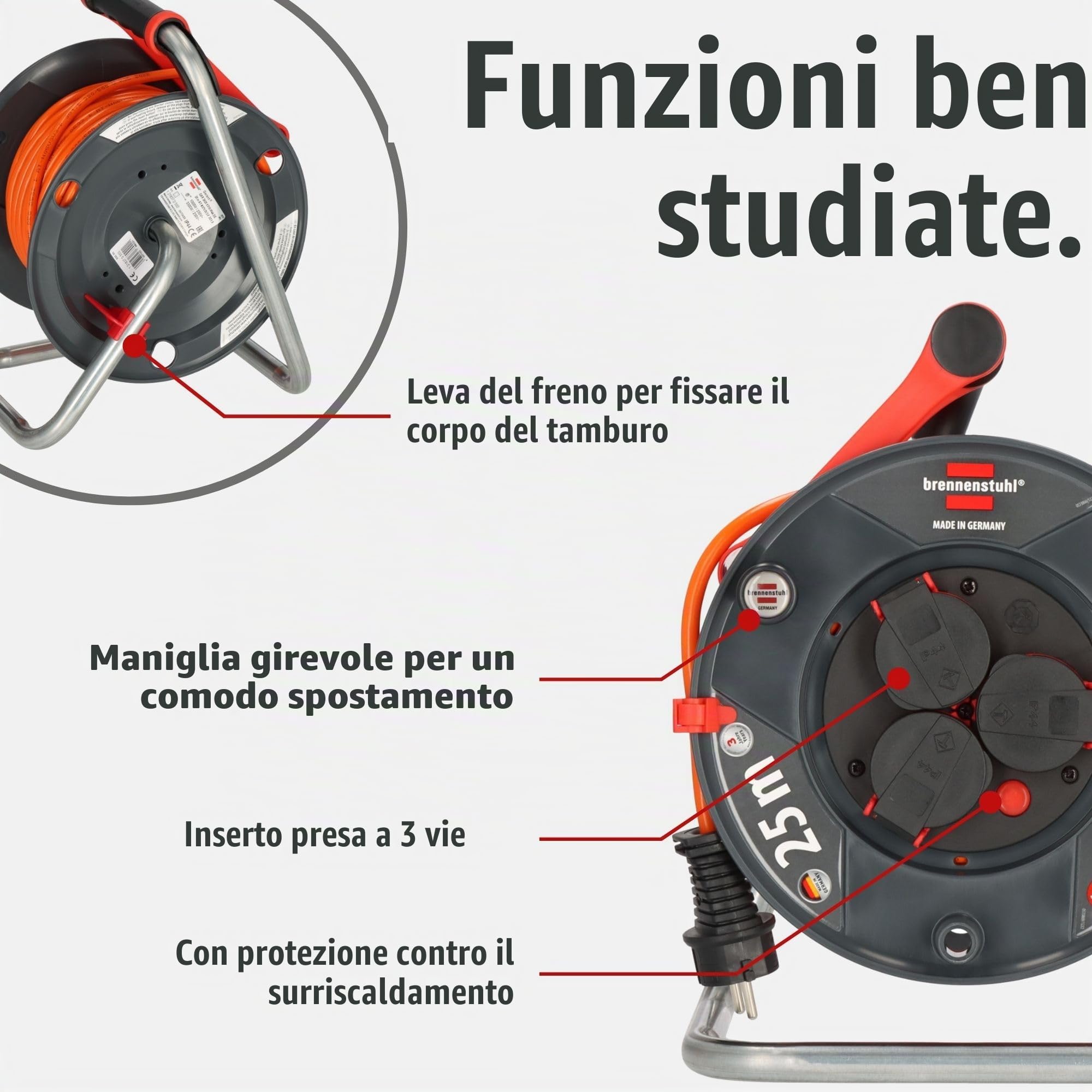Brennenstuhl Garant V2 IP44 - Avvolgicavo da 25 m, certificato TÜV-Süd (Made in Germany, cavo di colore arancione, uso a breve termine in esterno)