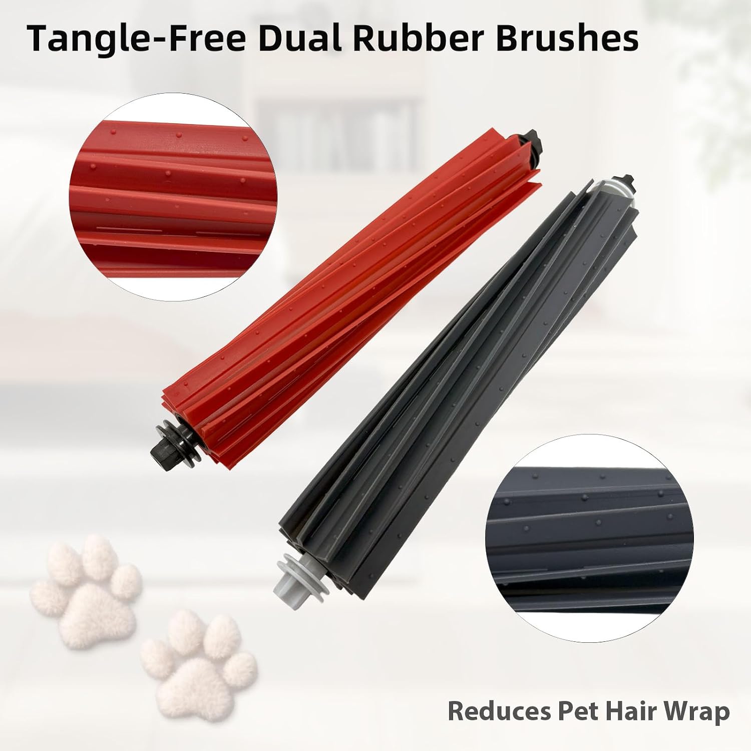 2 Sets Main Brush Replacement for Roborock S8, S8+, S8 Pro Ultra, Q5 Pro, Q5 Pro+, Q8 Max, Q8 Max+, 4-Piece Value Pack Dual Rubber Roller Brushes, Tangle-Free Accessories Kit (2 Red & 2 Black)