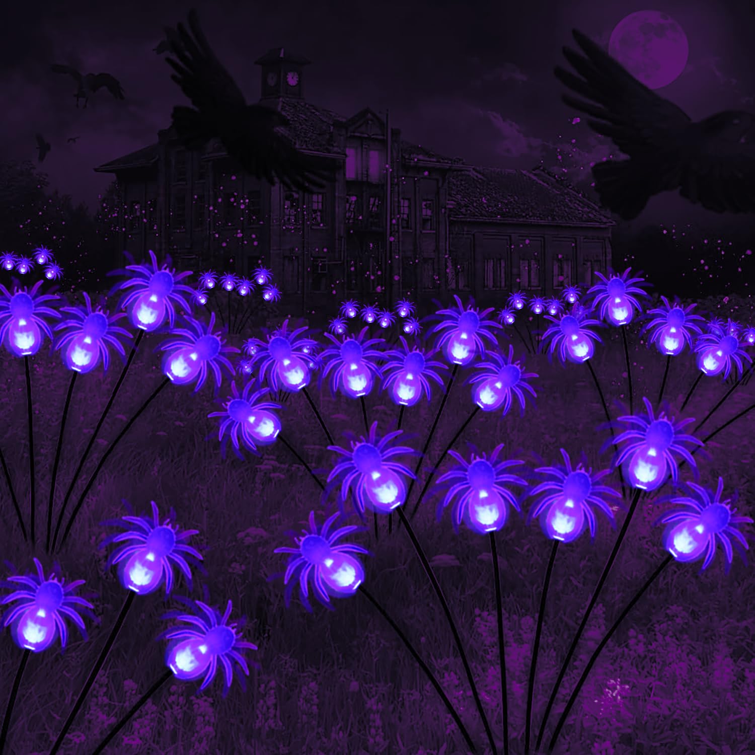 Photo 1 of 4-Packs 40LED Swaying Solar Halloween Spider Lights, 8 Modes Purple Solar Halloween Lights Stake Lights, Waterproof Scary Halloween Decorations Solar Lights for Yard Garden Pathway Porch Walkway Purple Spider