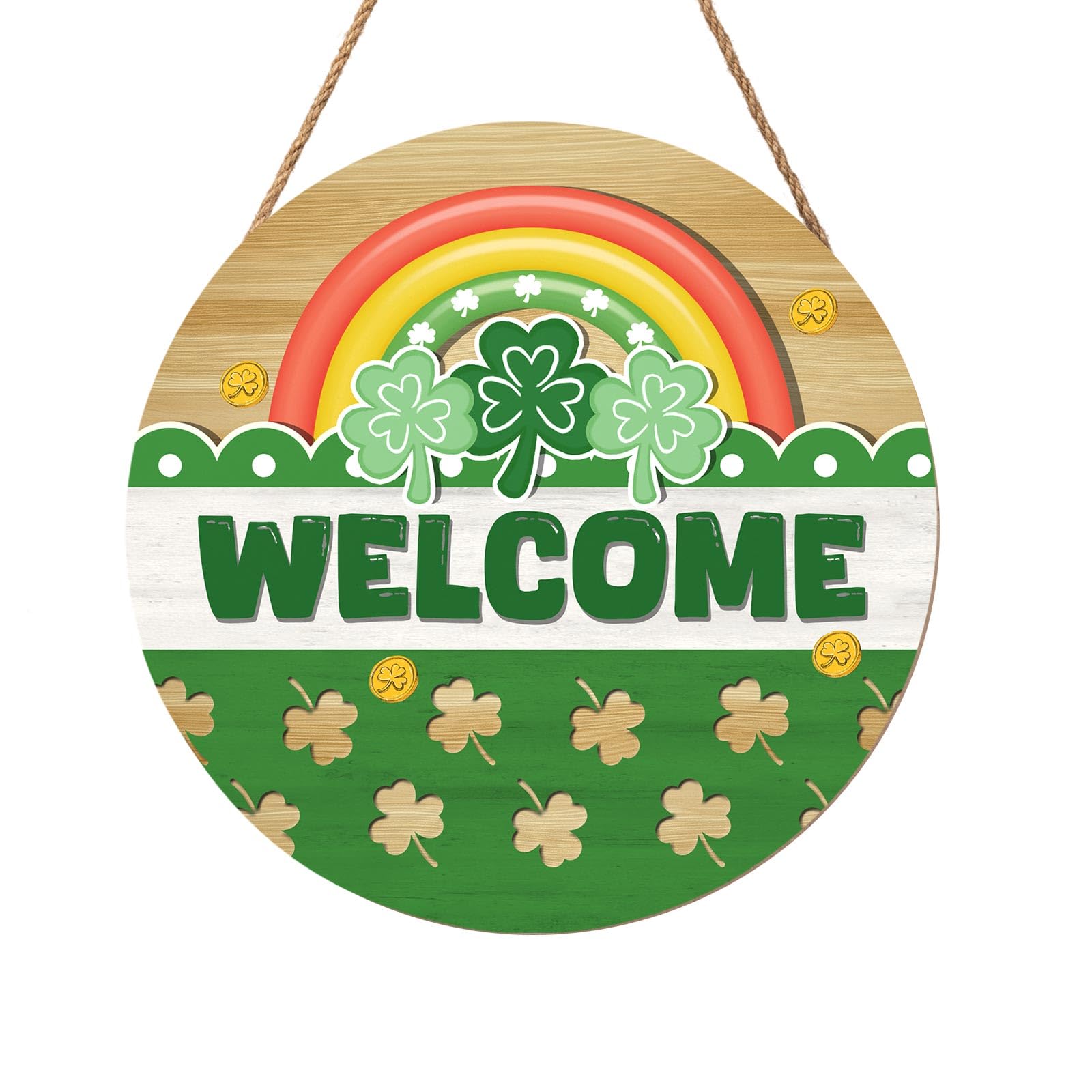 Happy St. Patrick's Day Rainbow Wooden Hanging Sign 12x12 Inch St. Patricks Day Welcome Shamrock Wreath Sign for Front Door Decor,Irish Spring Farmhouse Wood Wreath Indoor Wall Hanging Decoration