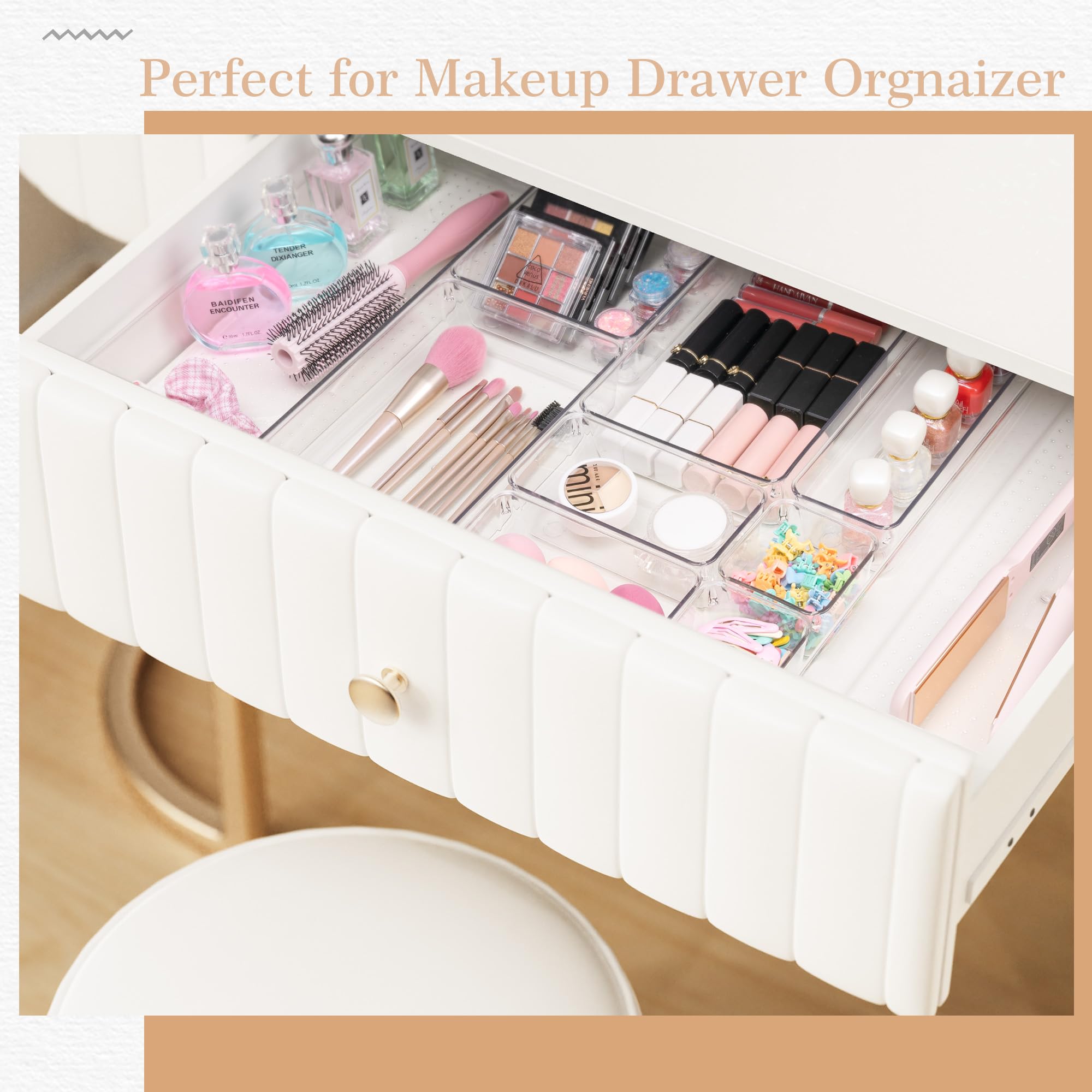 Criusia Organizer per cassetti, 5 dimensioni, versatili, per bagno e toeletta, confezione da 20 organizer per cassetti da cucina, in plastica trasparente, contenitori per trucchi, bagno, gioielli e