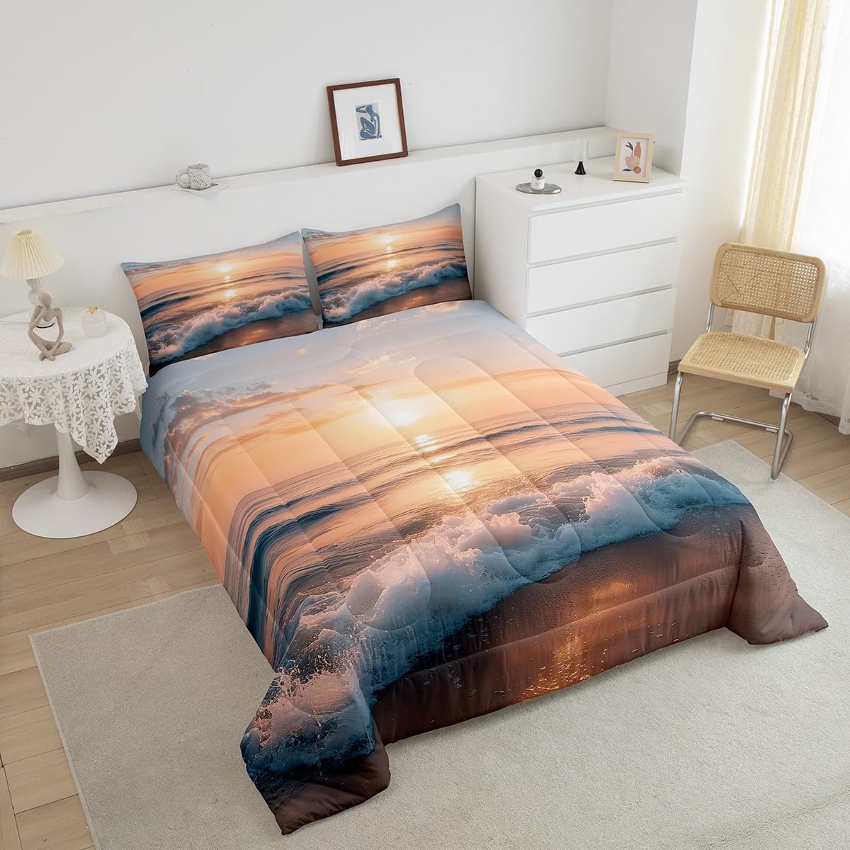 Feelyou Hawaiian Beach Comforter Set King Size Kids Ocean Wave Comforter for Boys Girls Teens Summer Coastal Nautical Bedding Set Nature Scene Quilt Set