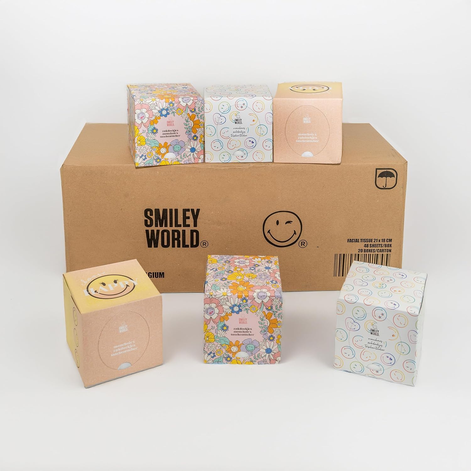 SMILEYWORLD - Lote de 20 cajas de pañuelos de papel faciales ultra suaves – 960 pañuelos – 3 capas – cajas de pañuelos diseño cubo (diseños diferentes) – 48 hojas por caja (JOY EDITION)