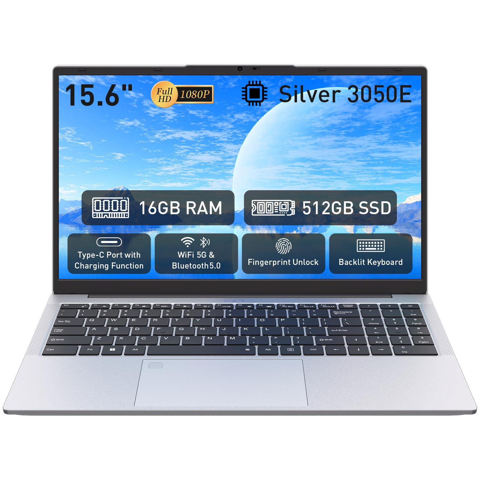 Auusda 15.6" FHD Laptop for Students & Work, 16GB Dual RAM, 512GB SSD, Backlit Keyboard, Fingerprint Sensor, Pro System, Dual core Processor, Full-featured USB C, USB 3.0/2.0, HDMI, Pink — view 12