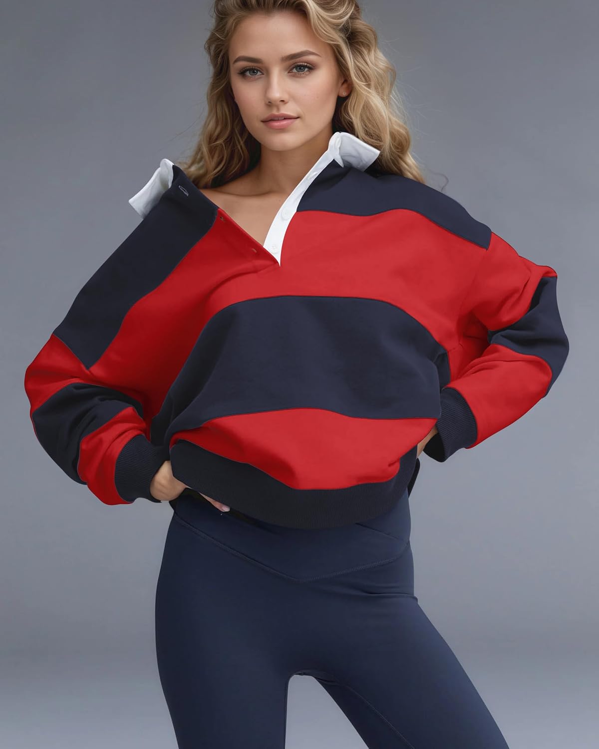 Women Striped Color Block Polo Sweatshirt Lapel Collared Long Sleeve Oversized Rugby Shirt 2025 Trendy Fall Clothes - Image 2