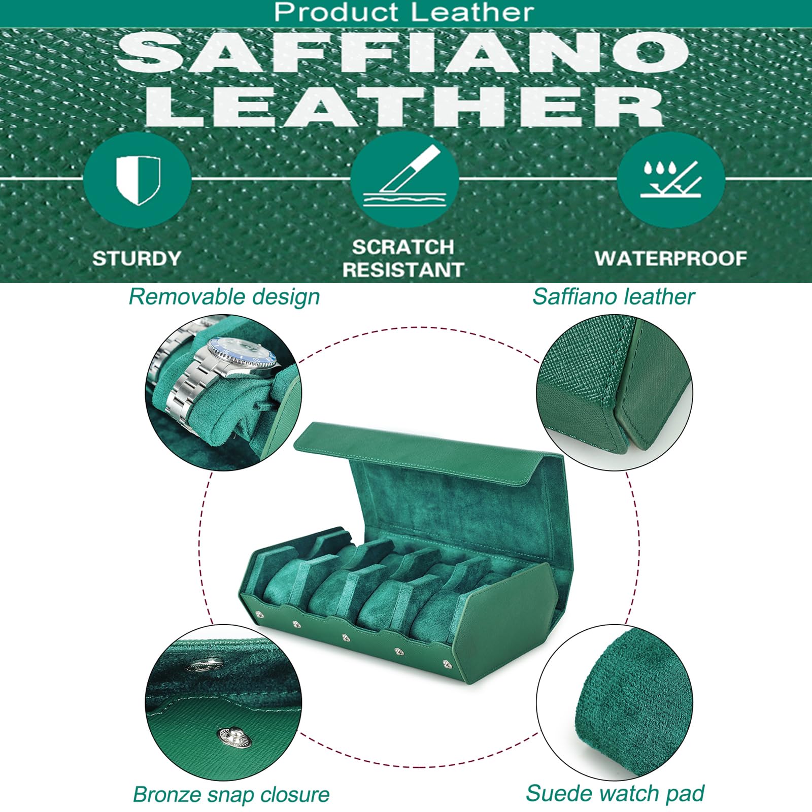Estuche para relojes Hiram Hexagon de cuero Saffiano auténtico, con capacidad para 8 relojes, estuche protector de cuero con 8 ranuras para relojes, organizador de exhibición de relojes para hombres