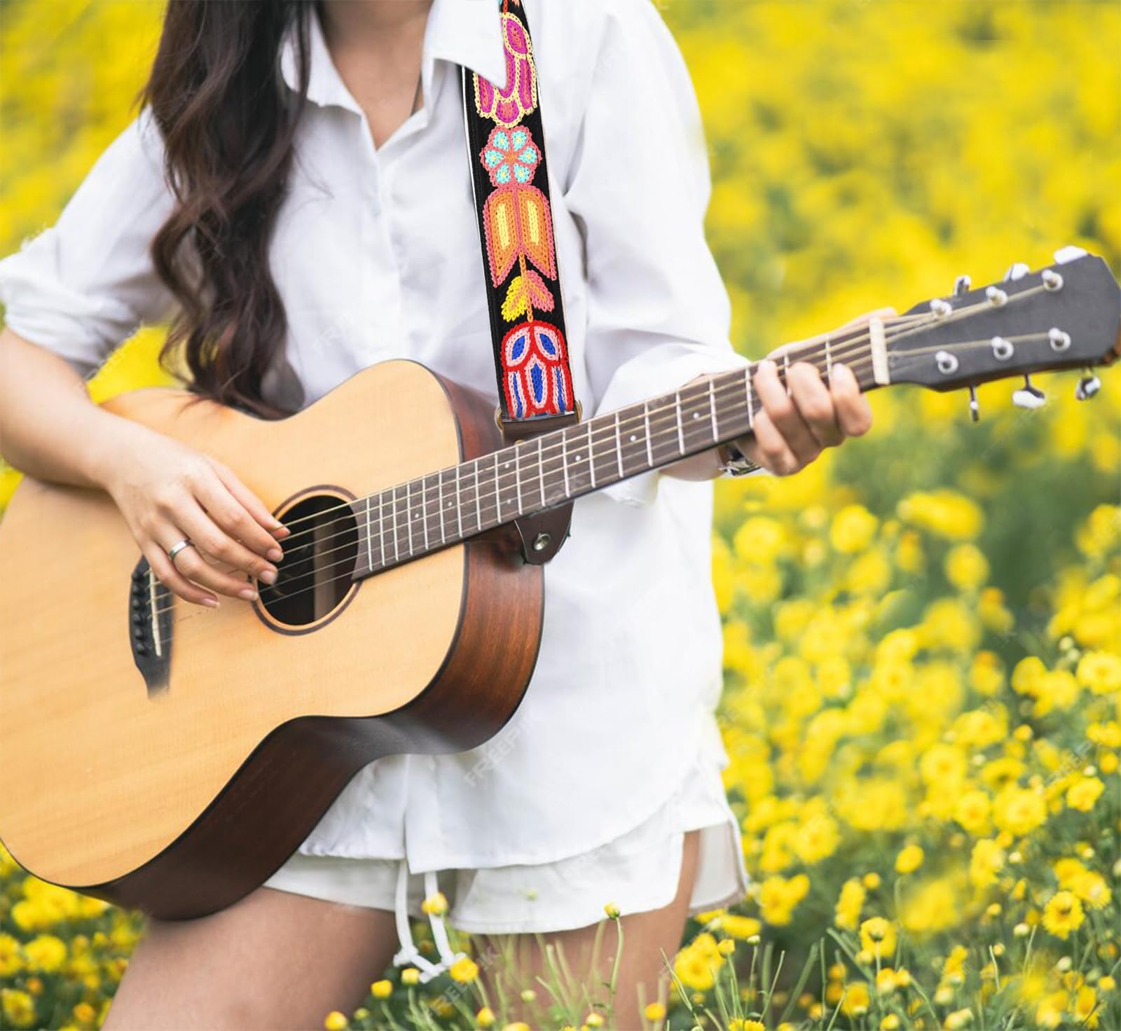 KIMPUDSEN Handmade Crochet Guitar Strap, 2 inch Wide Adjustable Vintage Style Colorful Flower Design, Electric Guitar Strap Acoustic Bass Strap(Tulip Black)