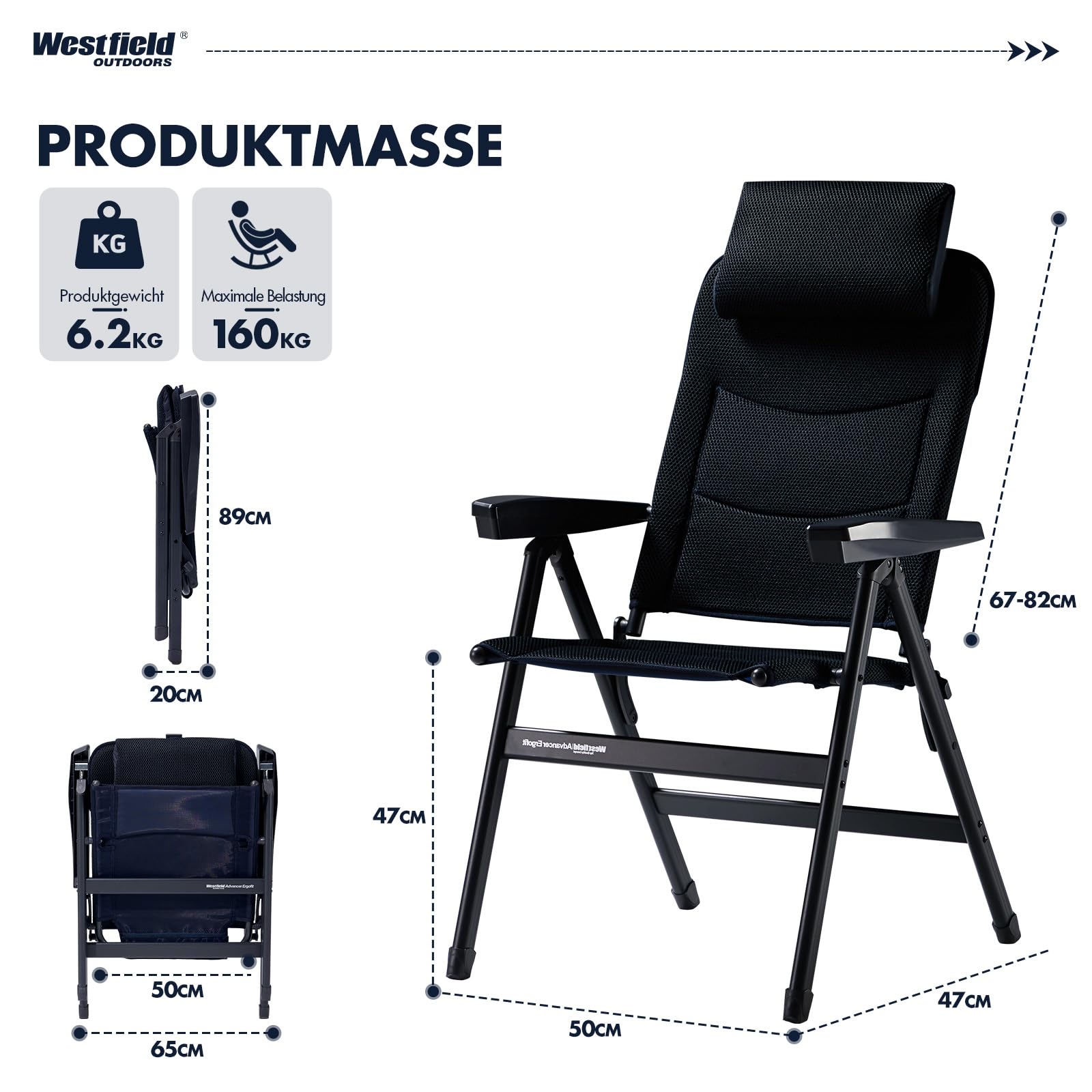 Westfield Outdoors Advancer Ergofit Campingstuhl Faltbar, 5-Fach Verstellbar, Klappstuhl Hohe Rückenlehne, Atmungsaktiver, Kopfteil, für Garten, Wohnwagen, Camping, 160 kg Belastbar, Nachtblau
