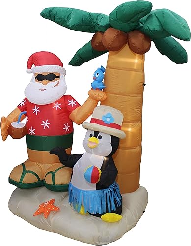 Miniatura 5 de Paquete de dos decoraciones de fiesta de Navidad, incluye Papá Noel inflable y pingüino de 7 pies en una isla con palmera, y belén inflable de 6