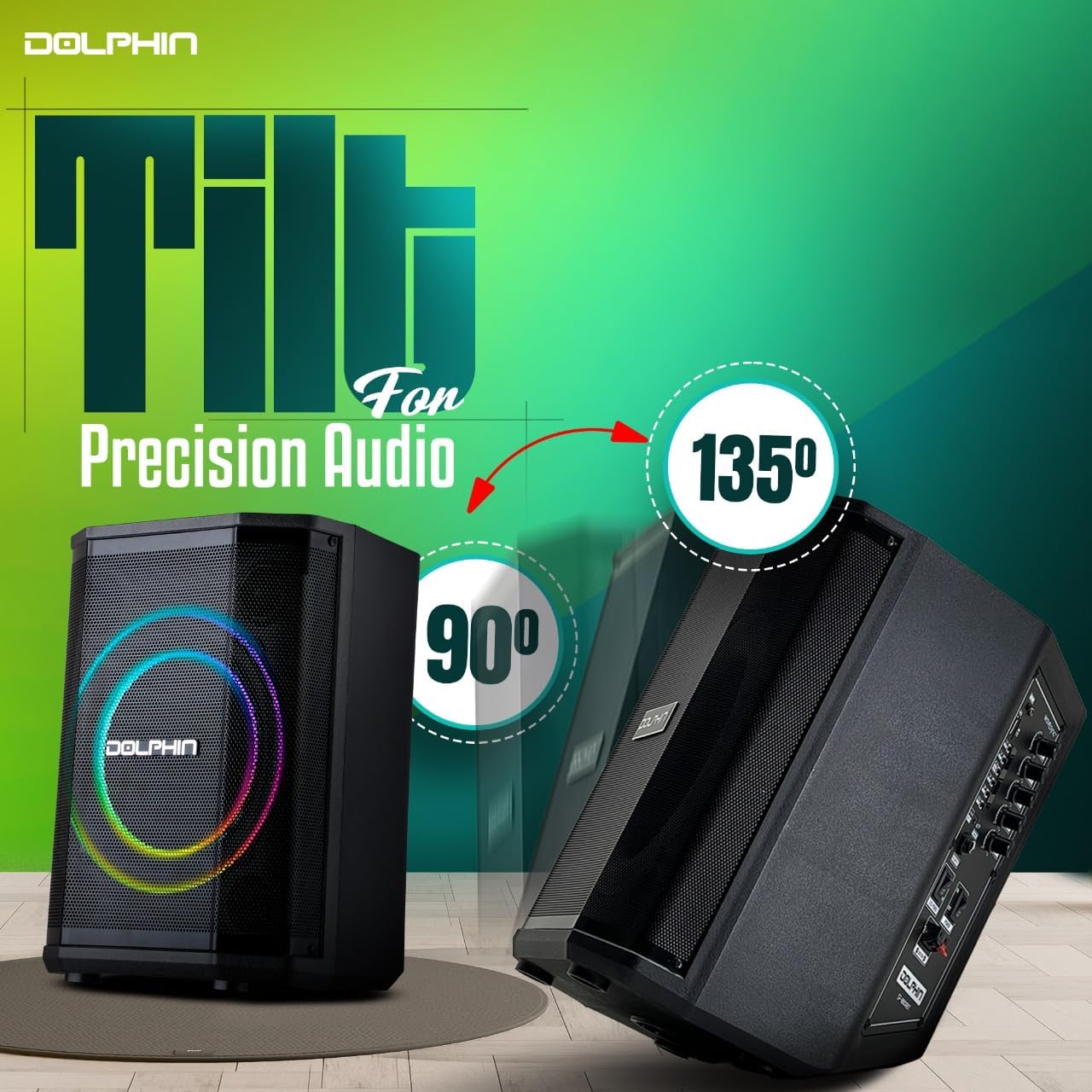 Dolphin SP-885RBT speaker showing its tilt angles