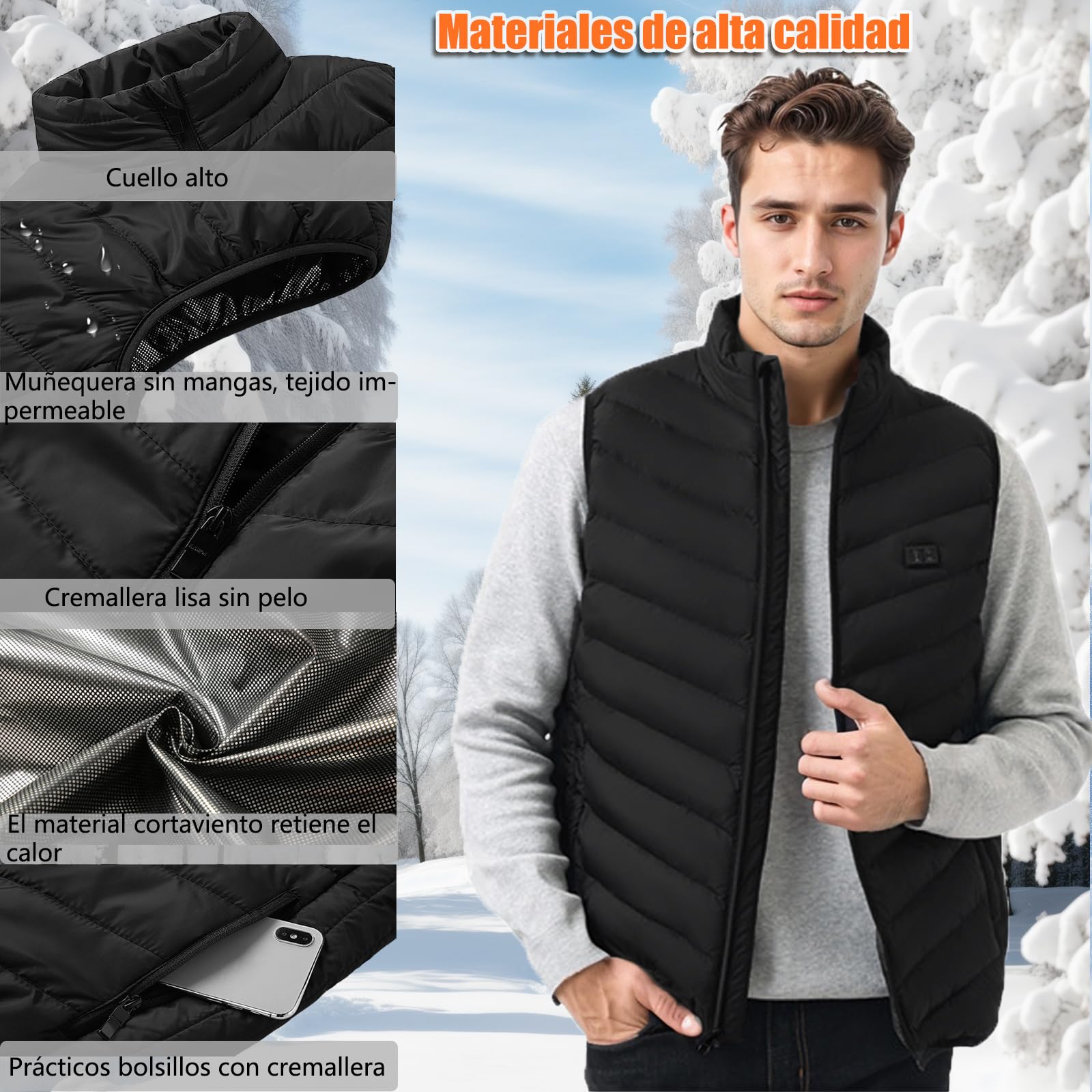 Ahigh Chaleco Calefactable hombre mujer, Chaleco Termico con Bateria, Chalecos Calefactables 9 Zonas de Calentamiento y 3 temperaturas ajustables, Chaleco calefactable para actividades al aire