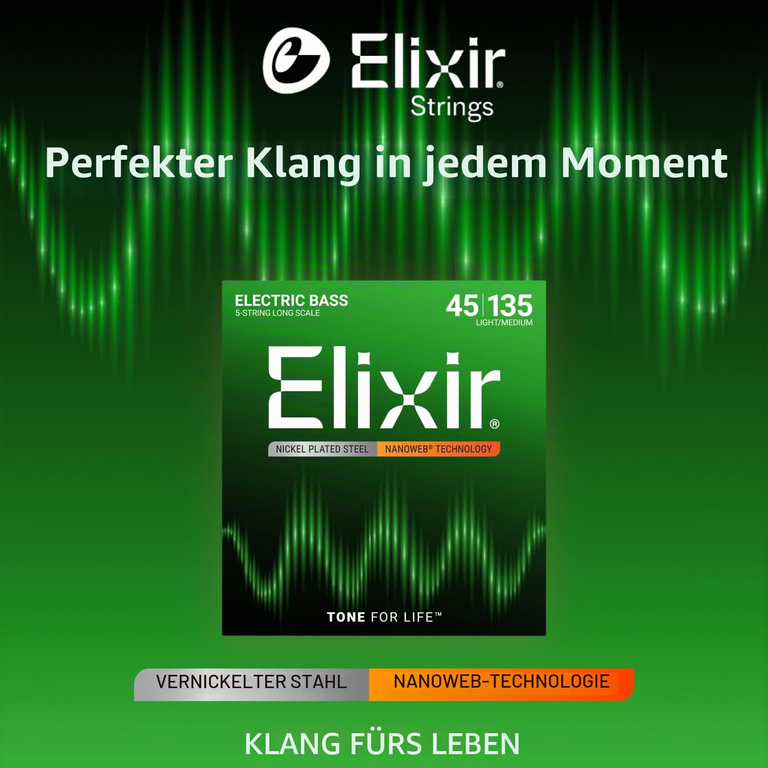 Elixir® Saiten Nickel-Wound 5-str. E-Basssaiten mit NANOWEB® Beschichtung, Long Scale, Light/Medium (.045-.135)