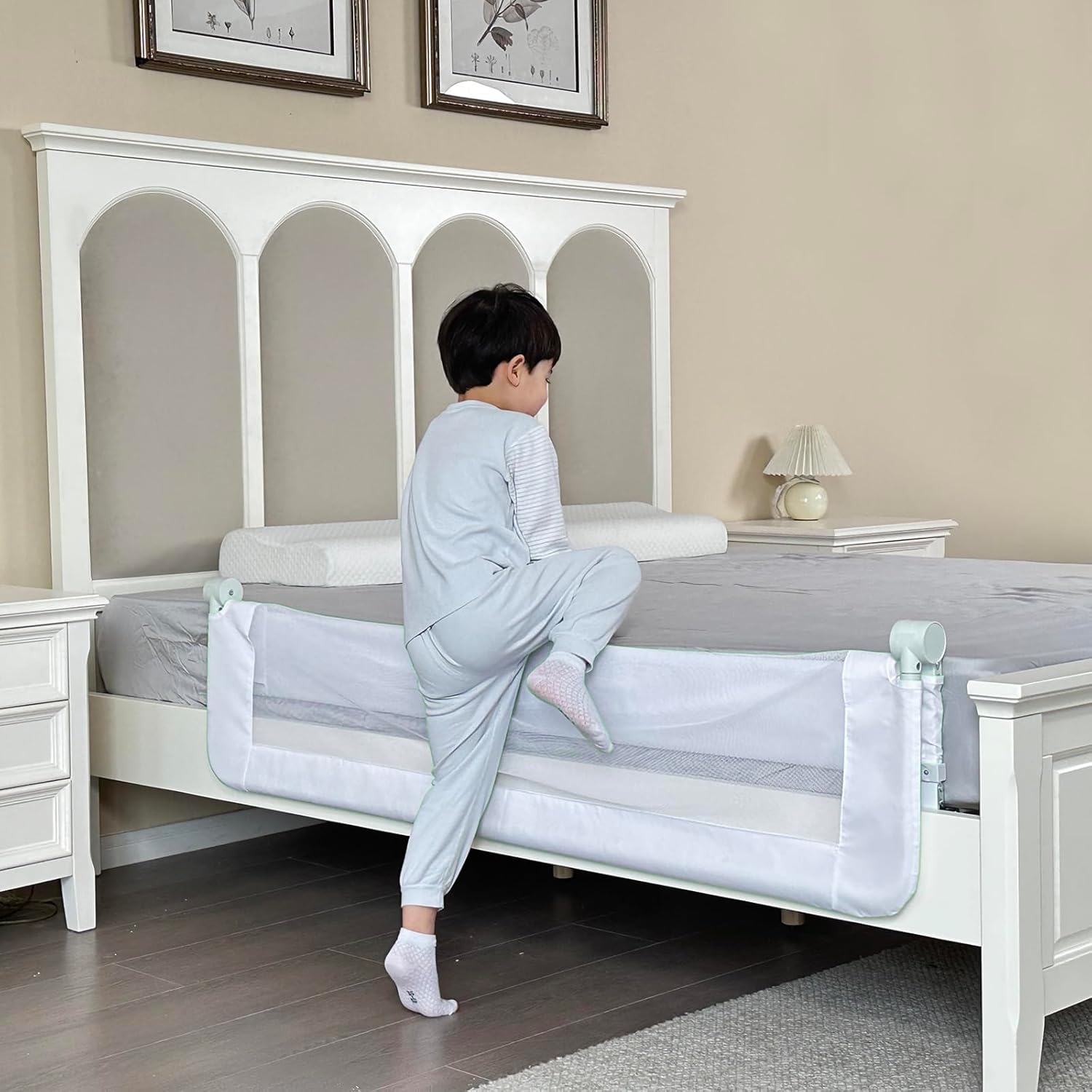 Grelife Foldable Bed Rail for Toddlers, Tall Toddler Bed Rails for Twin, Full, Queen Bed, Baby Bed Rail Guard with Reinforced Metal Frame & Breathable Mesh (1, pearlwhite, 51.0")