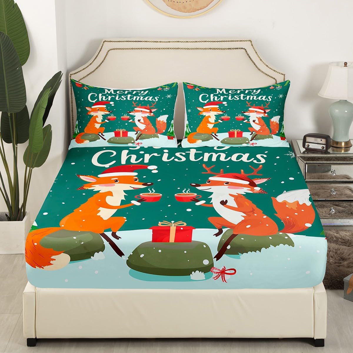 Homemissing Christmas Fox Bedding Set Single Size Cute Animal Fox Deep Pocket Fitted Sheet for Kids Boys Girls Xmas Christmas Bed Sheets Merry Christmas Sheets Set,No Flat Sheet