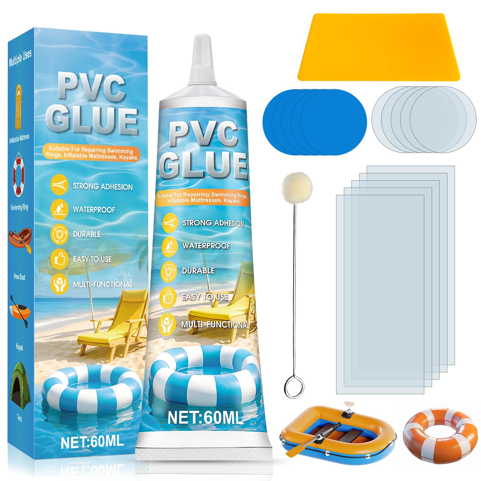 NoxGule Hot Tub Repair Kit, Pond Liner Repair Kit, Air Bed Repair Patch Kit, Waterproof, Durable, Transparent, Suitable for Inflatable Pool Liner, Kayak, Inflatable Boat (60ml)-02