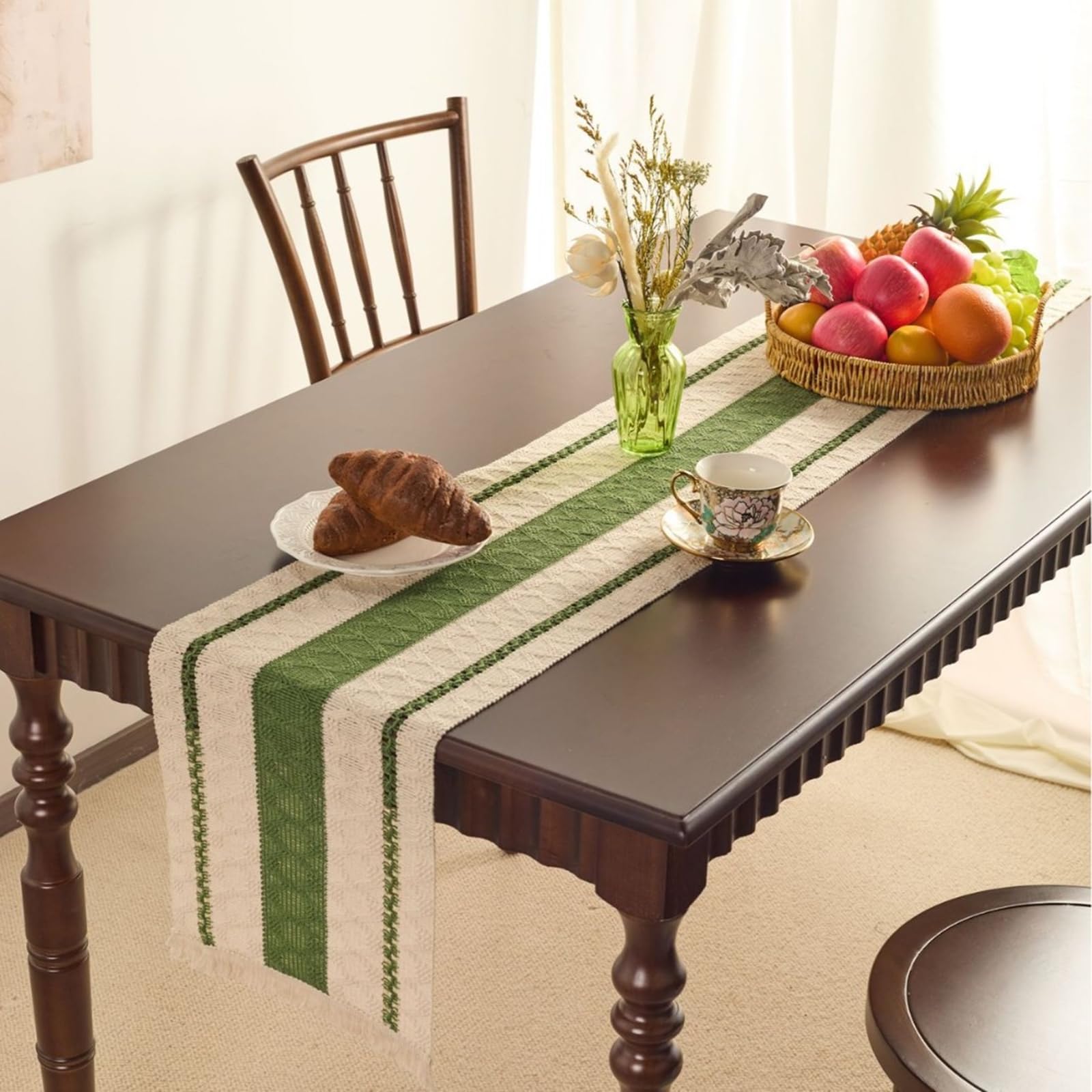 Runner da Tavolo Poliestere Cotone 30x220 cm, Runner da Tavola Moderno Lavabile Strisce Intrecciato Semplice con Nappe Decorazioni per Sala da Pranzo Feste, Verde