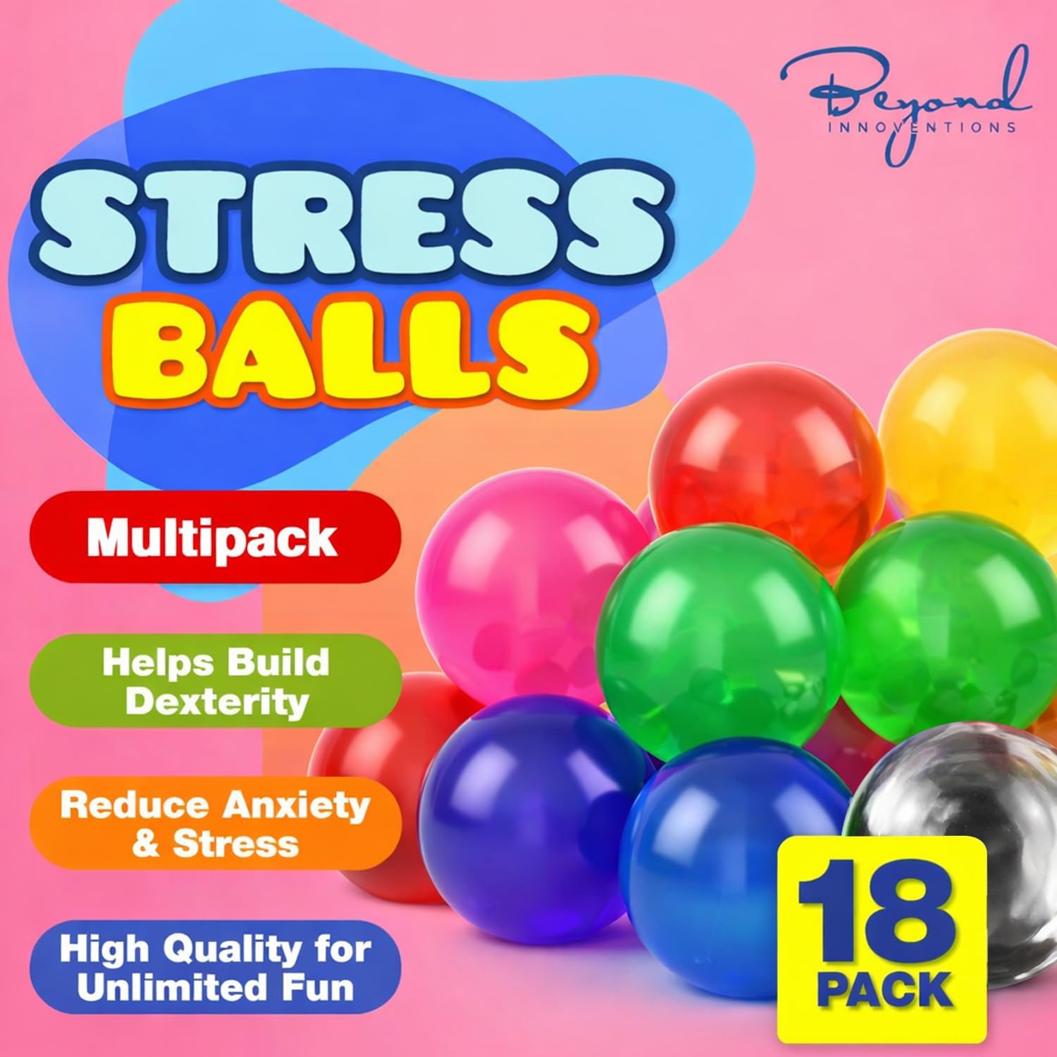 Stress Balls for Adults - 18 Pack | Fidget Toys | XL Stress Ball, Office Supplies, Squishy Fidget Toys | Anxiety Relief Calming Tool | Squishy Balls for Autism & ADHD, Assorted