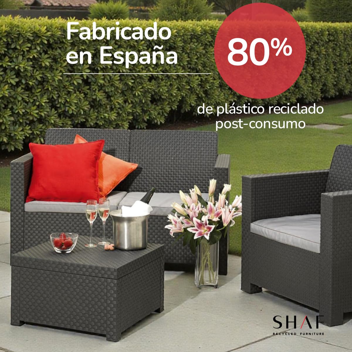 SP Berner SHAF - Conjunto Jardín Exterior y Terraza - Sofá de 2 plazas, 2 Sillones, Mesa Baja y Cojines Asiento - Plástico Reciclado - Set EVO Confort - Grafito