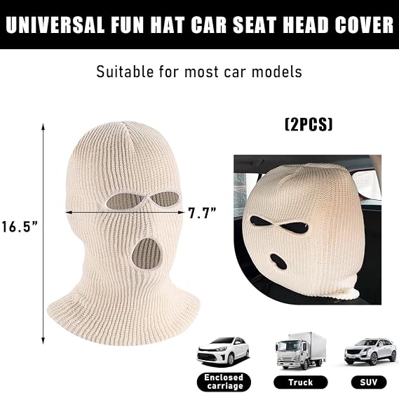 2 PCS Car Headrest Cover, Personalized Funny Car Seat Full Face Mask, Ski Mask Wrap Protection for Auto Front Seat Rest Decoration, Universal Interior Car Accessories (Beige)