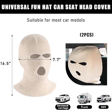 2 PCS Car Headrest Cover, Personalized Funny Car Seat Full Face Mask, Ski Mask Wrap Protection for Auto Front Seat Rest Decoration, Universal Interior Car Accessories (Beige)