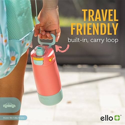 Miniatura 7 de Ello Kids Colby - Botella de agua aislada de acero inoxidable de 12 onzas con popote y posavasos de silicona integrado, asa de transporte y tapa de