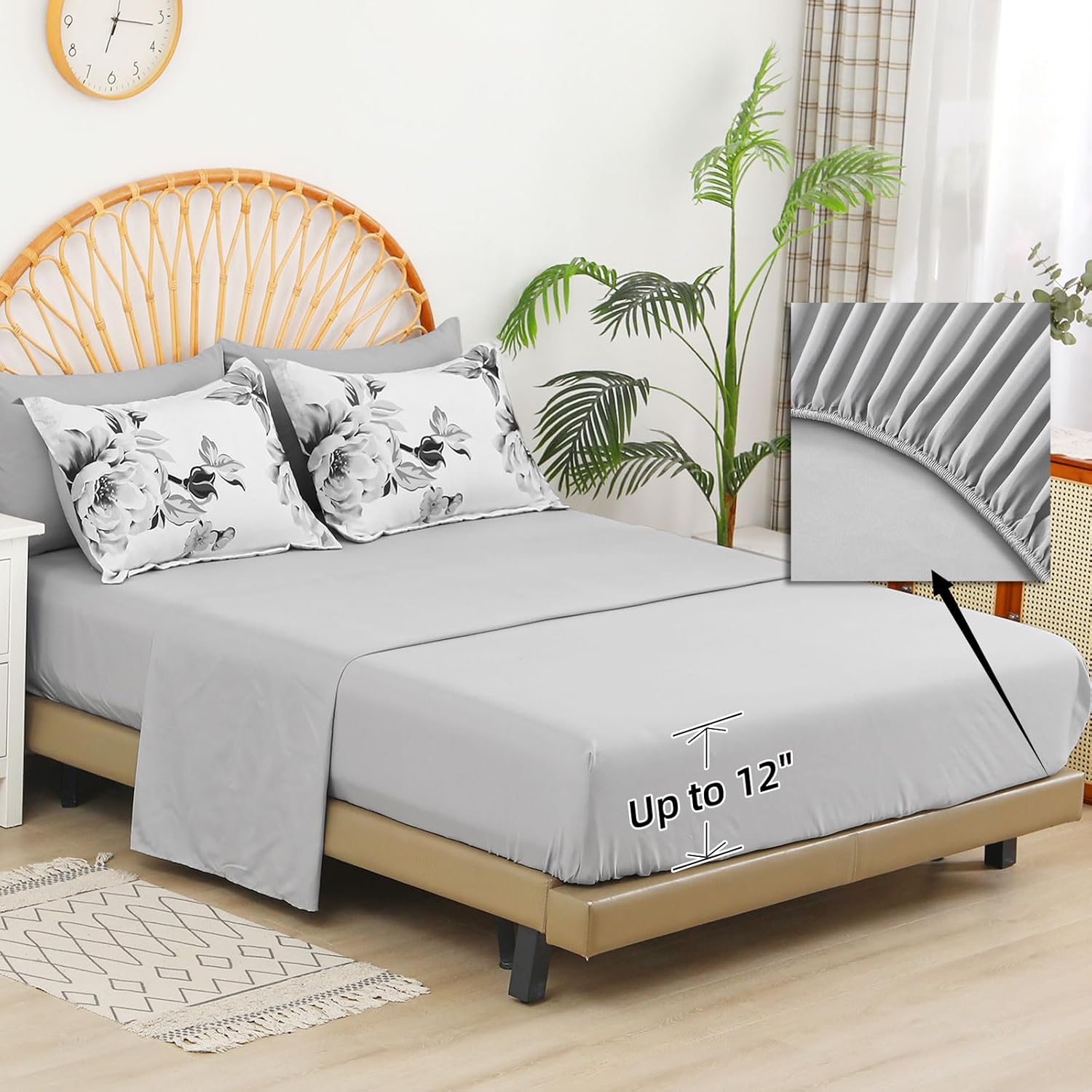 Drucon Grey Floral Comforter Set King 7 Pieces Bed in a Bag Botanical Floral Comforter Soft Microfiber Grey Bedding Set King Size Bed with Sheet and Pillowcase - Image 4