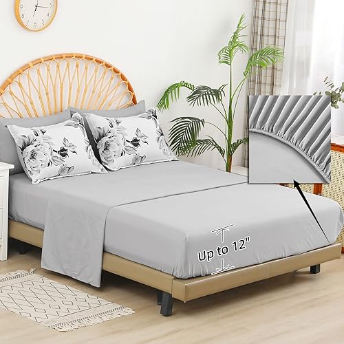 Miniatura 4 de Juego de edredón floral gris Queen de 7 piezas de cama en una bolsa, edredón floral botánico de microfibra suave, juego de ropa de cama gris tamaño