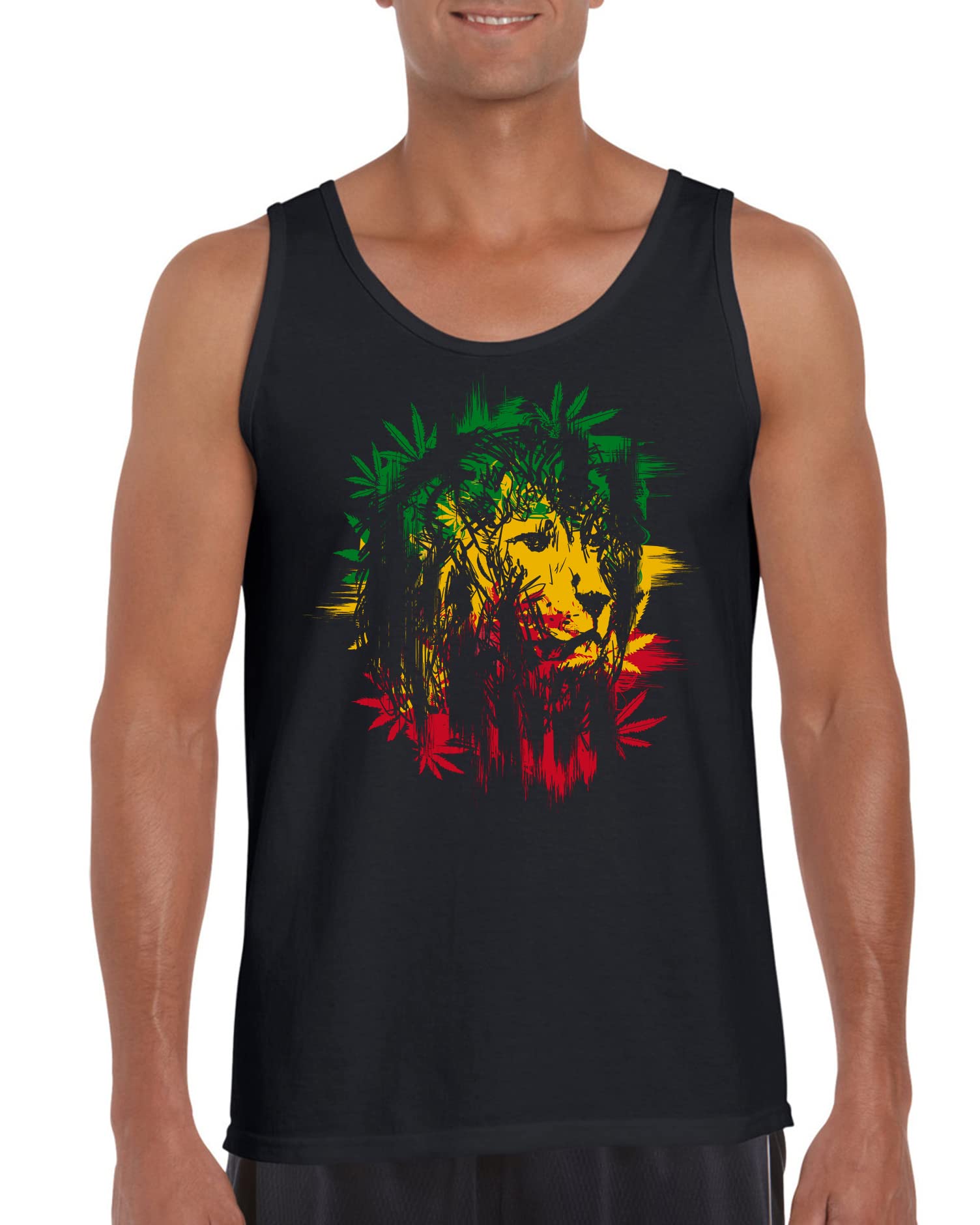 Tribal T-Shirts Men's Black Lion Of Judah Cannabis Leaves Reggae Rasta Vest Tank Top (Large, )
