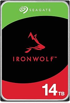 Seagate IronWolf, 14 TB, NAS, Internal Hard Drive, CMR, 3.5 Inch, SATA, 6GB/s, 5,400 RPM, 256MB Cache, for RAID Network Attached Storage, 3 year Rescue Services (ST14000NT001)