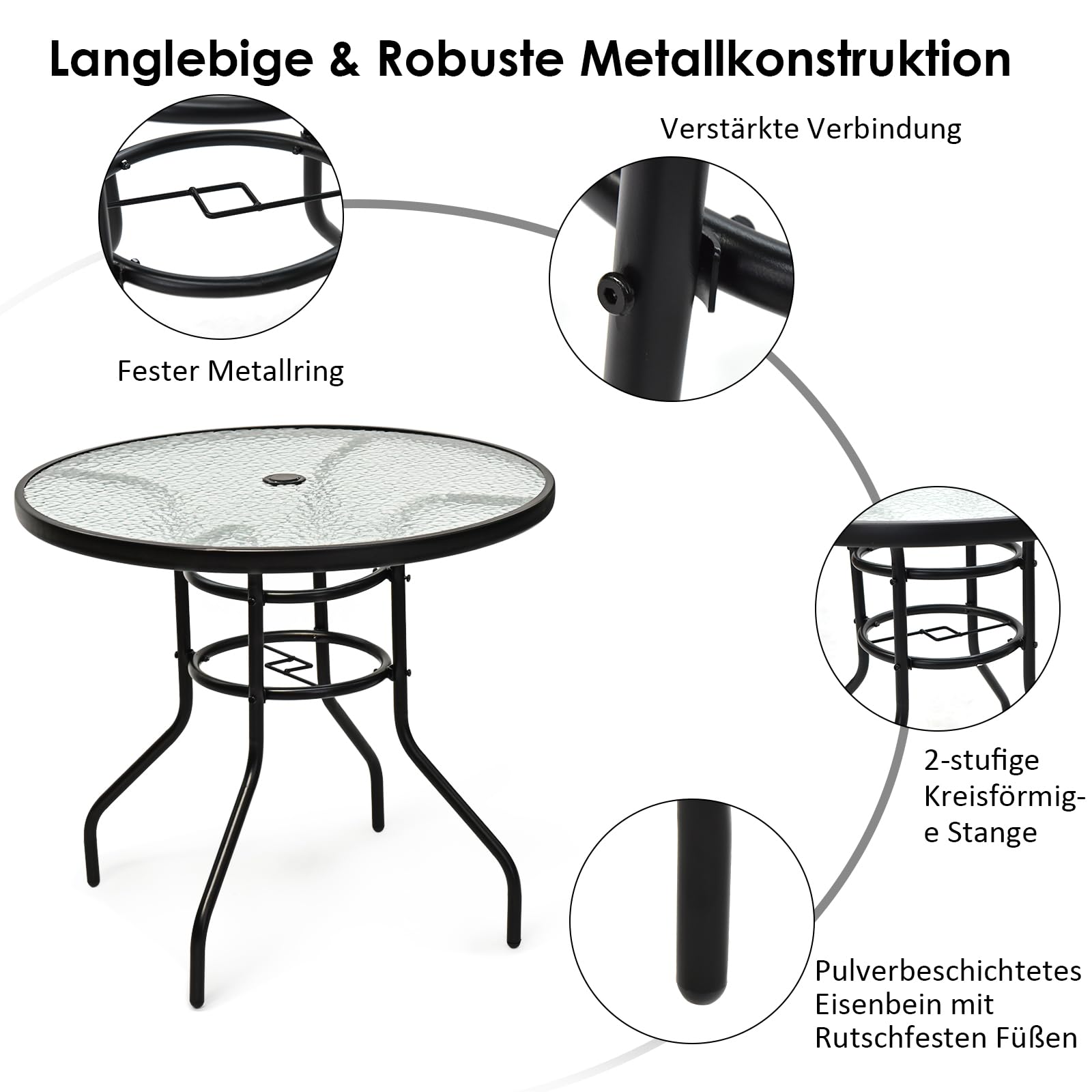 GOPLUS Gartentisch mit Schirmloch, Balkontisch mit Glasplatte & Metallrahmen, Terrassentisch Beistelltisch Bistrotisch Glastisch Esstisch für Garten & Terrasse (Rund)